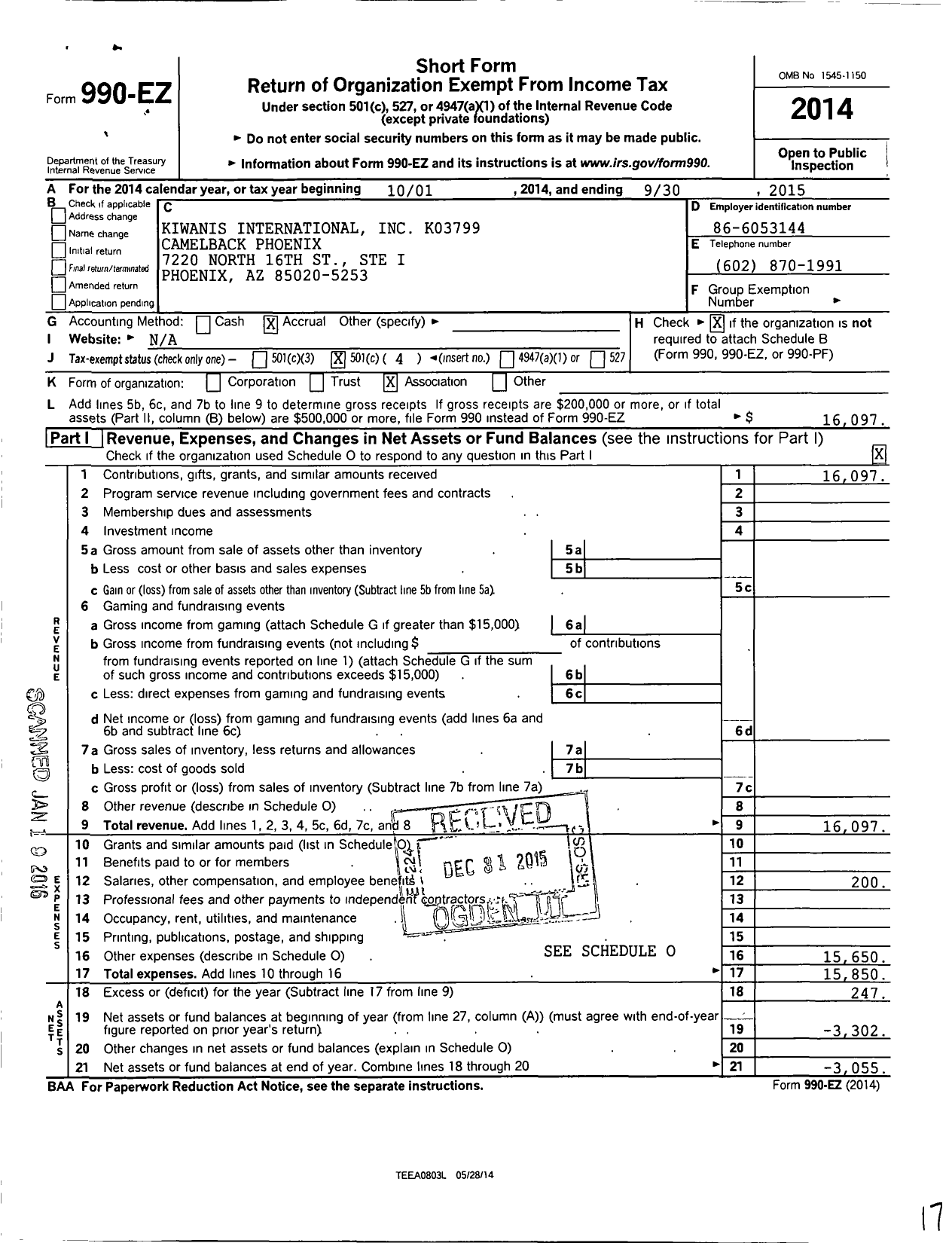 Image of first page of 2014 Form 990EO for Kiwanis International K03799 Camelback Phoenix