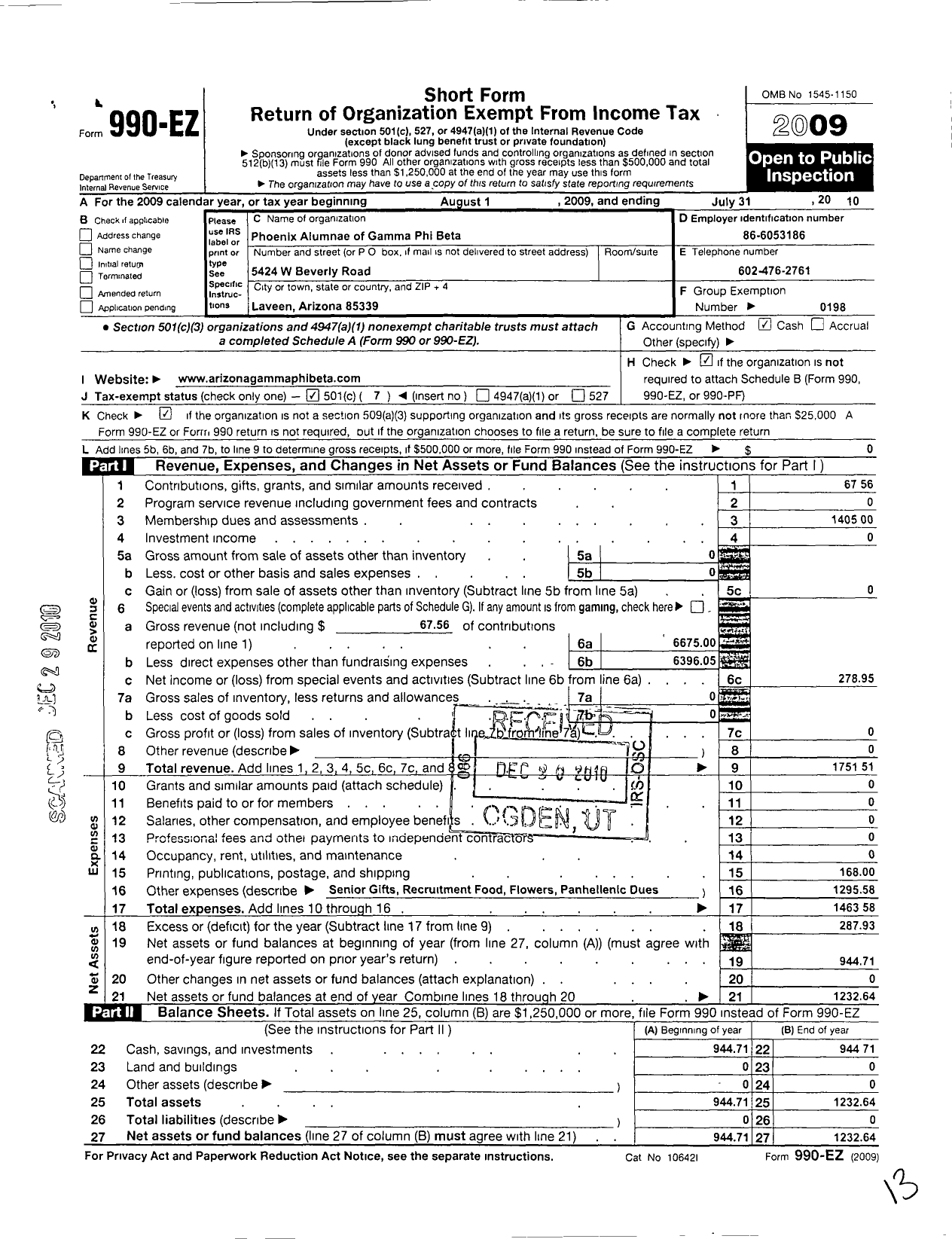 Image of first page of 2009 Form 990EO for Gamma Phi Beta Sorority - Phoenix Alumnae Chapter