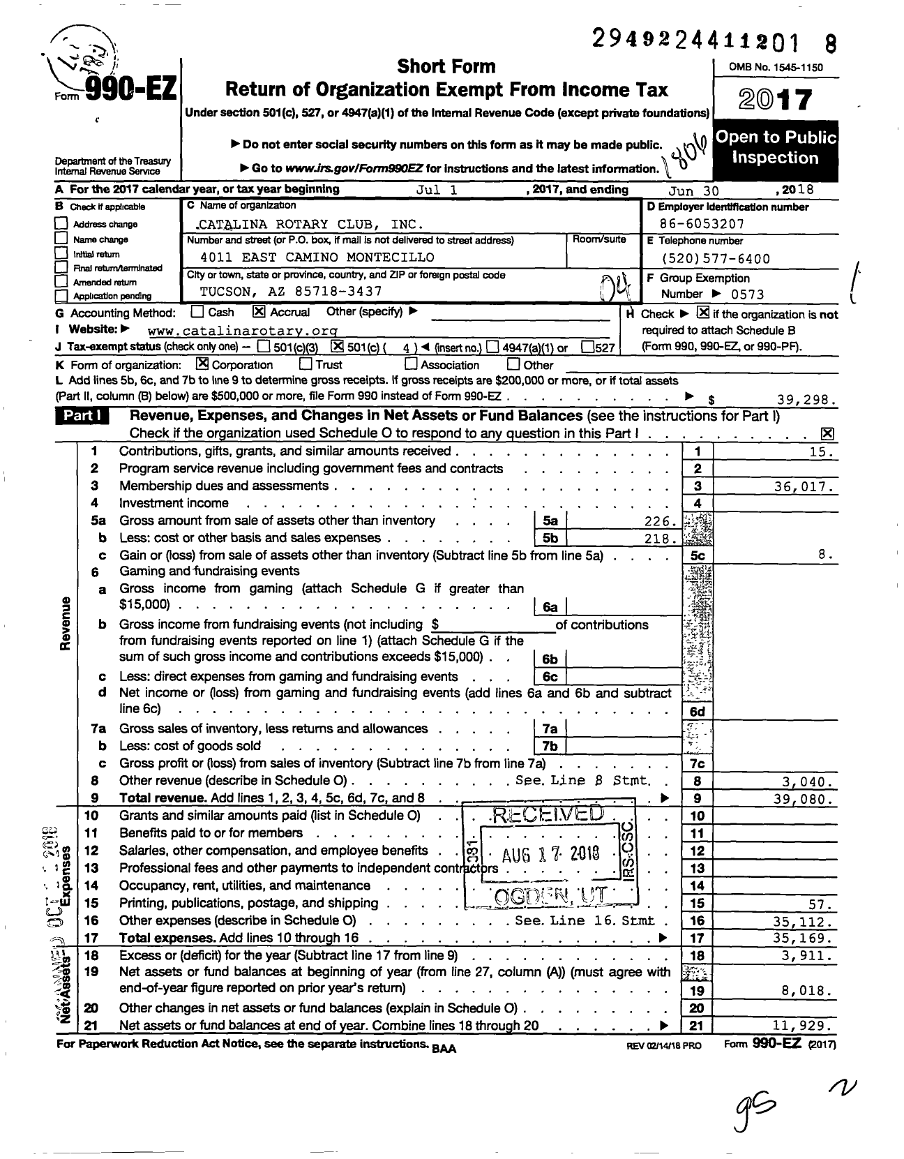 Image of first page of 2017 Form 990EO for Rotary International - Catalina Tucson