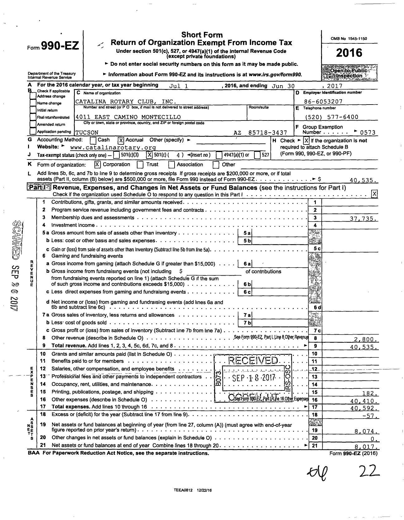 Image of first page of 2016 Form 990EO for Rotary International - Catalina Tucson