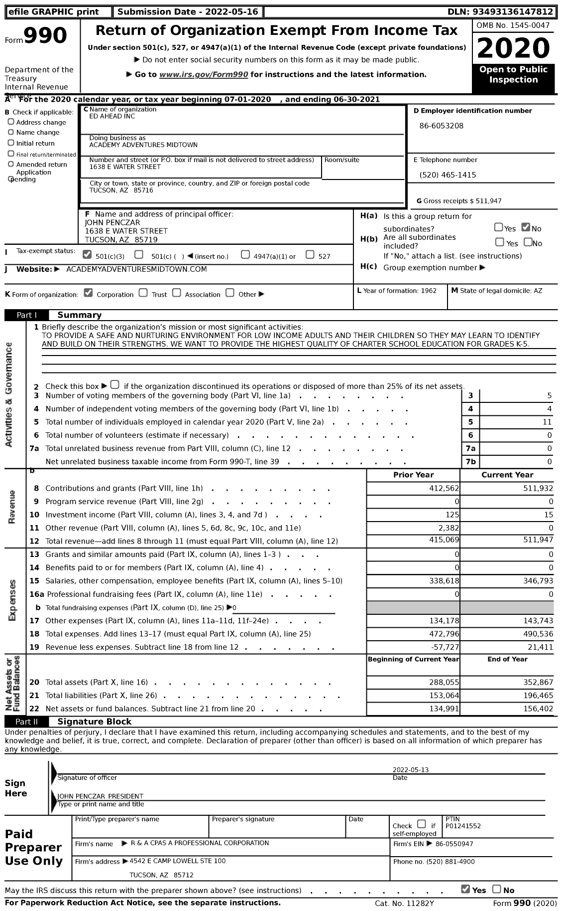 Image of first page of 2020 Form 990 for Academy Adventures Midtown