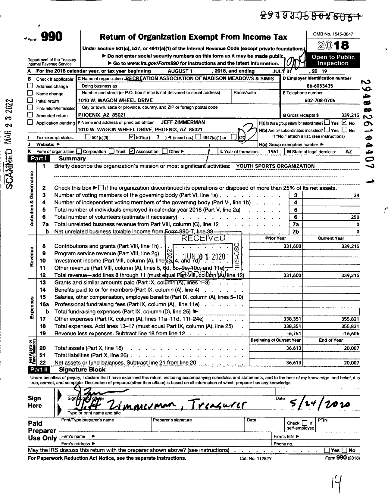 Image of first page of 2018 Form 990 for Recreation Association of Madison Meadows & Simis