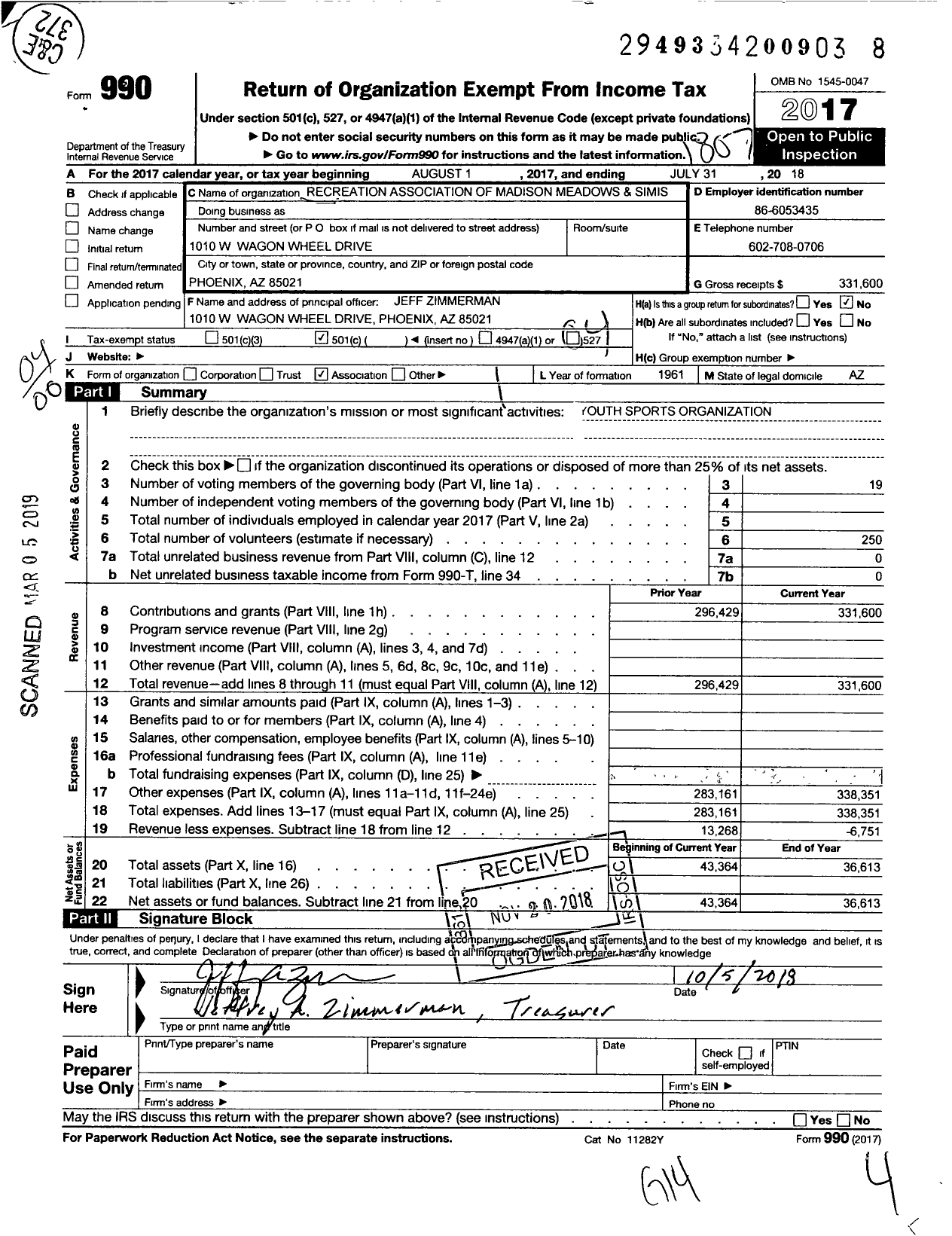 Image of first page of 2017 Form 990O for Recreation Association of Madison Meadows & Simis