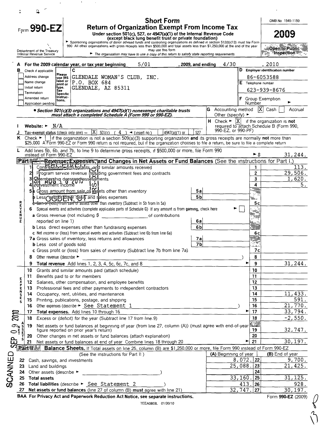 Image of first page of 2009 Form 990EO for GFWC Glendale Womans Club