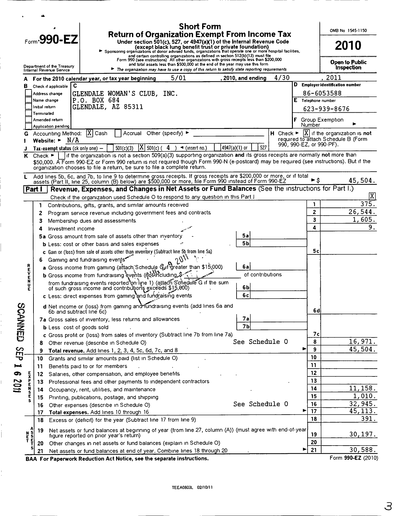 Image of first page of 2010 Form 990EO for GFWC Glendale Womans Club