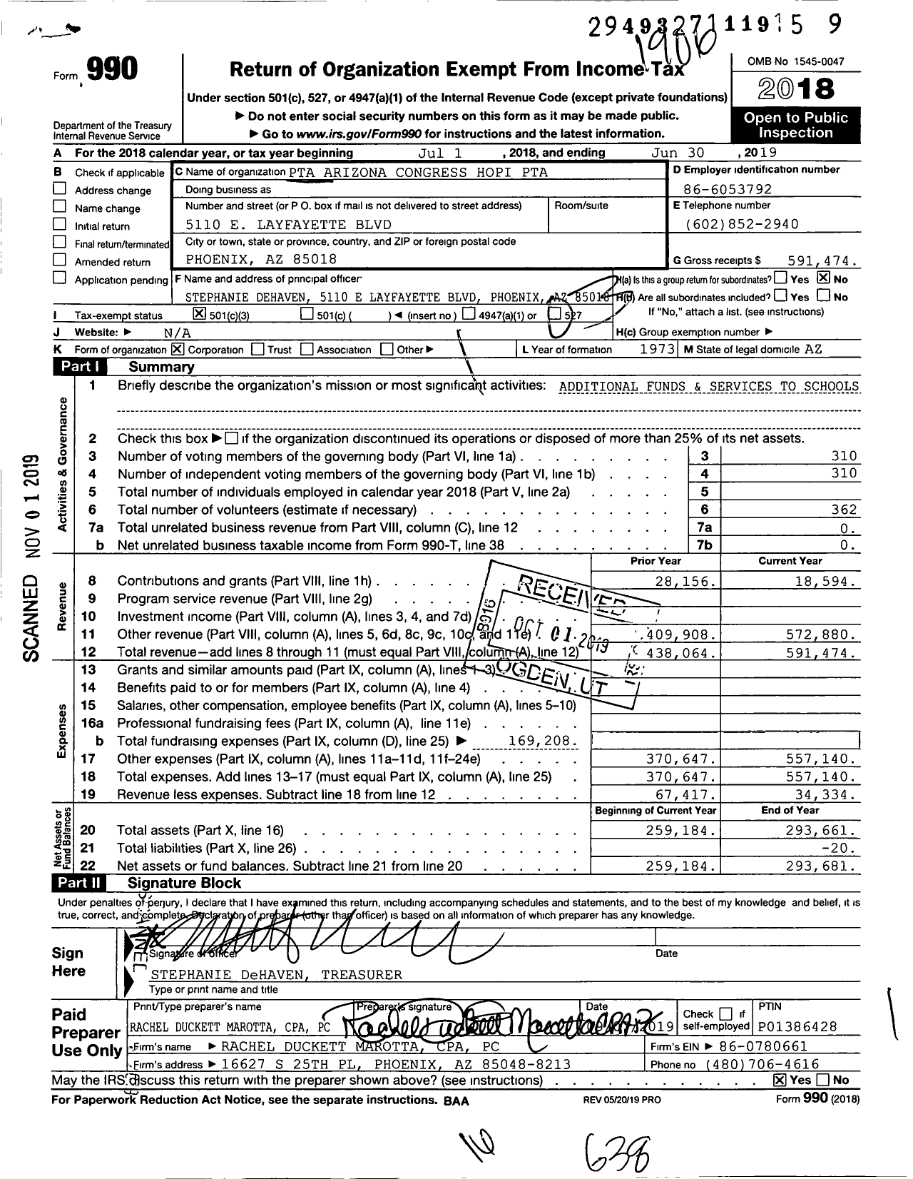 Image of first page of 2018 Form 990 for PTA Arizona Congress Hopi PTA