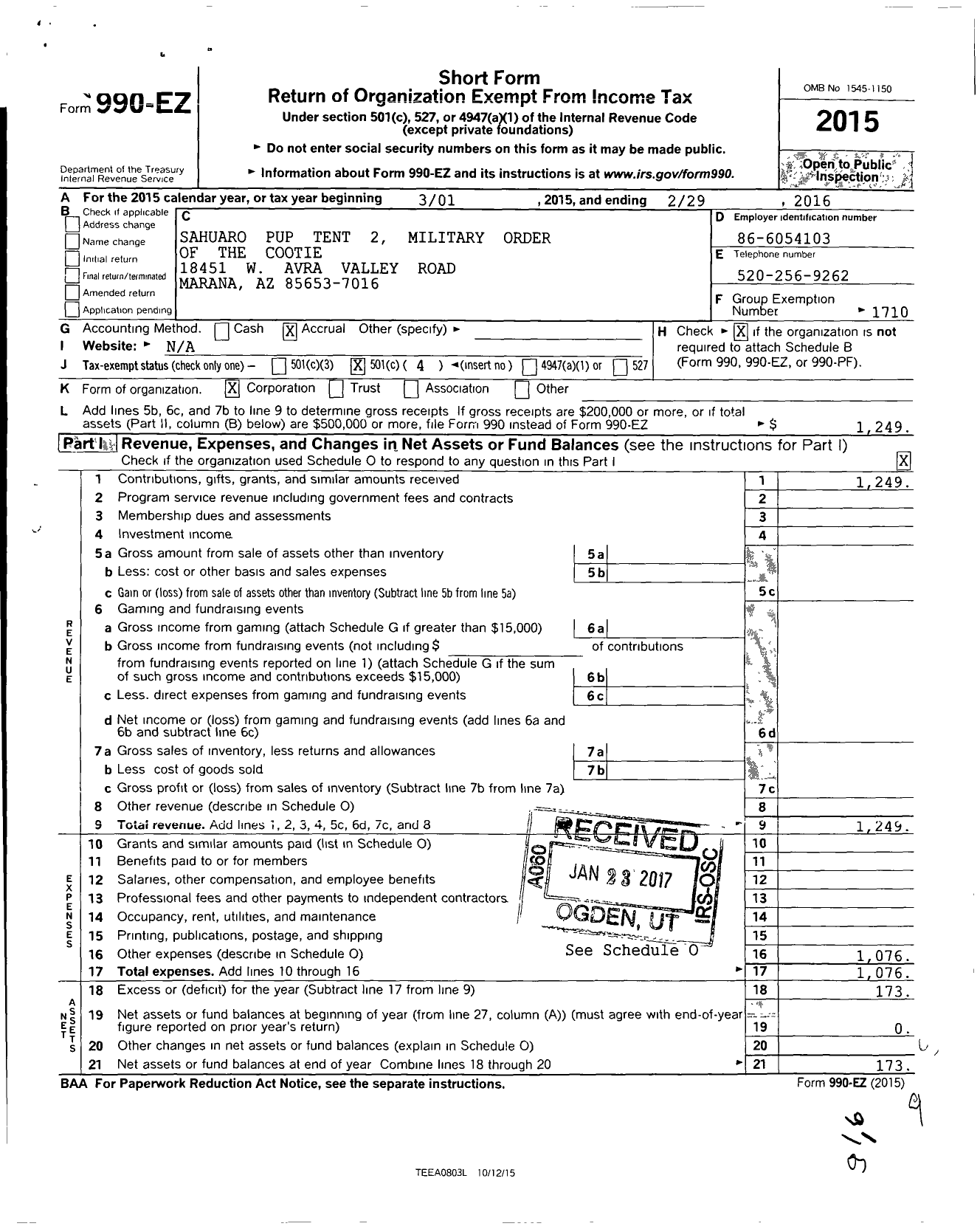 Image of first page of 2015 Form 990EO for MILITARY ORDER OF THE COOTIE OF THE United States - 2 SAHUARO