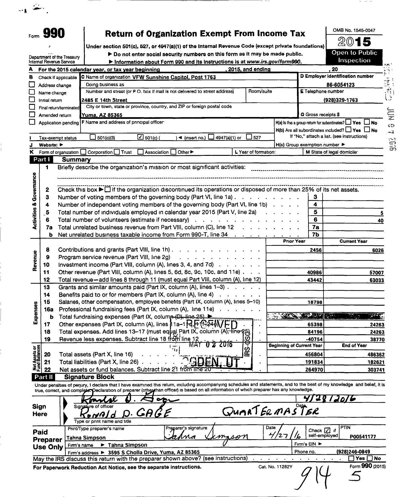 Image of first page of 2015 Form 990O for Veterans of Foreign Wars of Arizona - 1763 Sunshine Capital Post