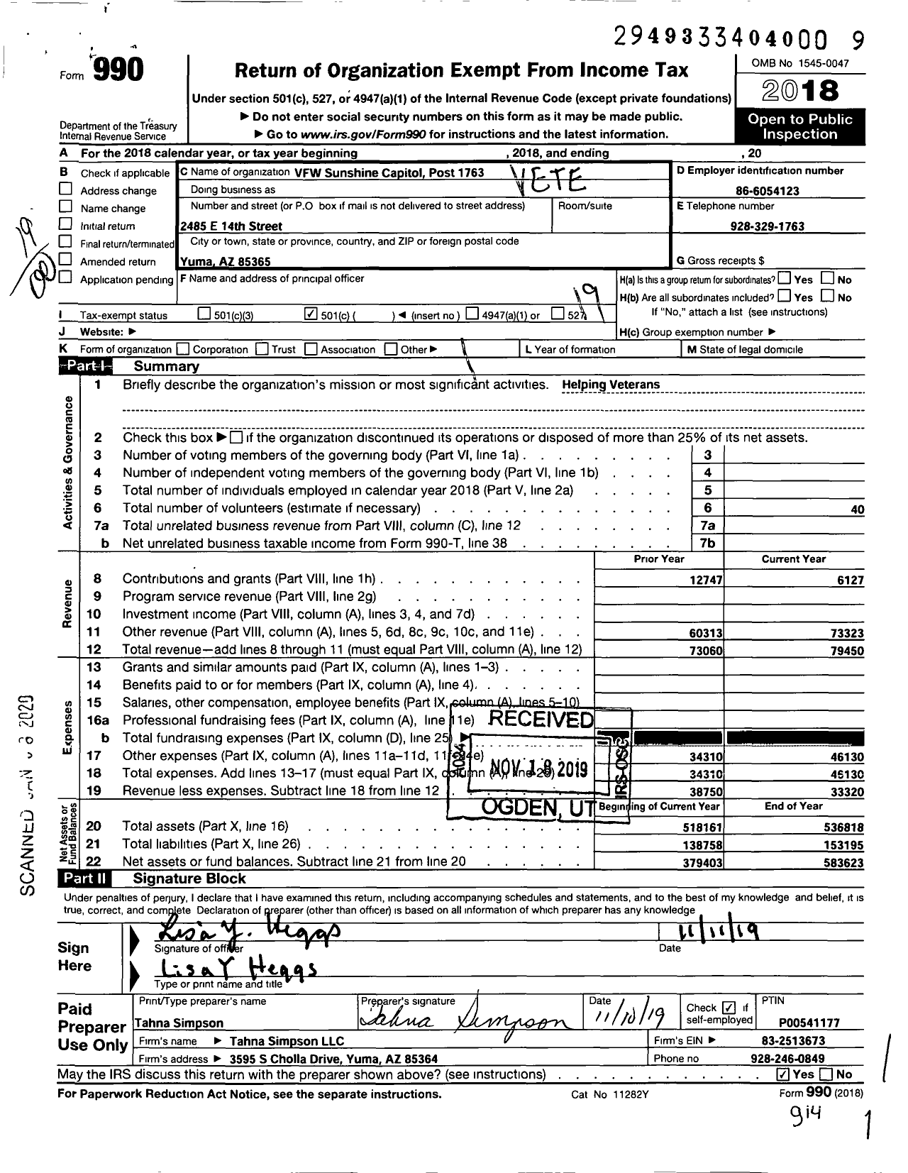 Image of first page of 2018 Form 990O for Veterans of Foreign Wars of Arizona - 1763 Sunshine Capital Post