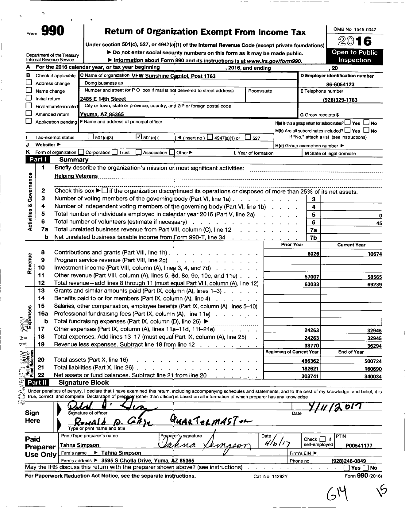 Image of first page of 2016 Form 990O for Veterans of Foreign Wars of Arizona - 1763 Sunshine Capital Post