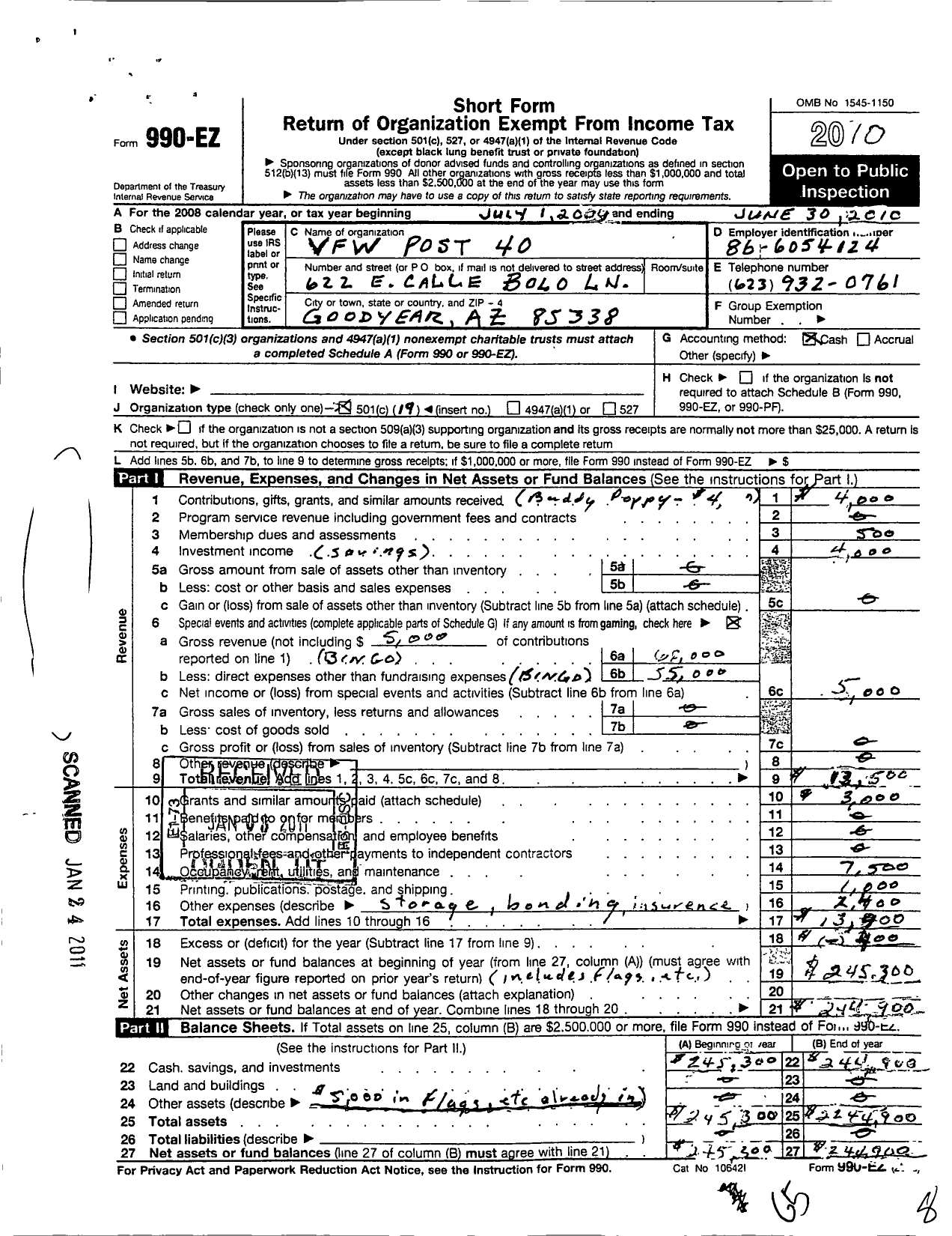 Image of first page of 2009 Form 990EO for Veterans of Foreign Wars of Arizona - 40 Pat Tillman Memorial Post