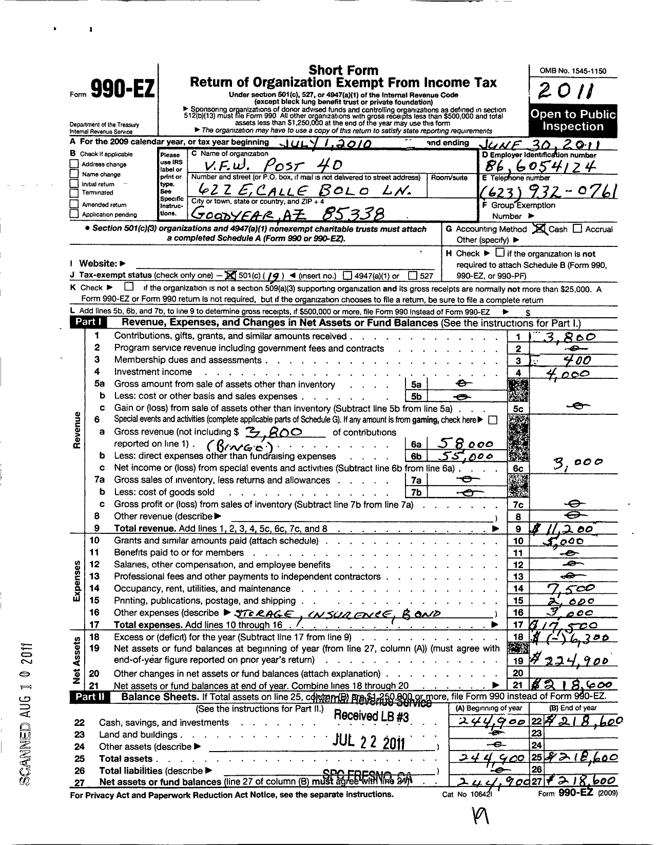 Image of first page of 2010 Form 990EO for Veterans of Foreign Wars of Arizona - 40 Pat Tillman Memorial Post