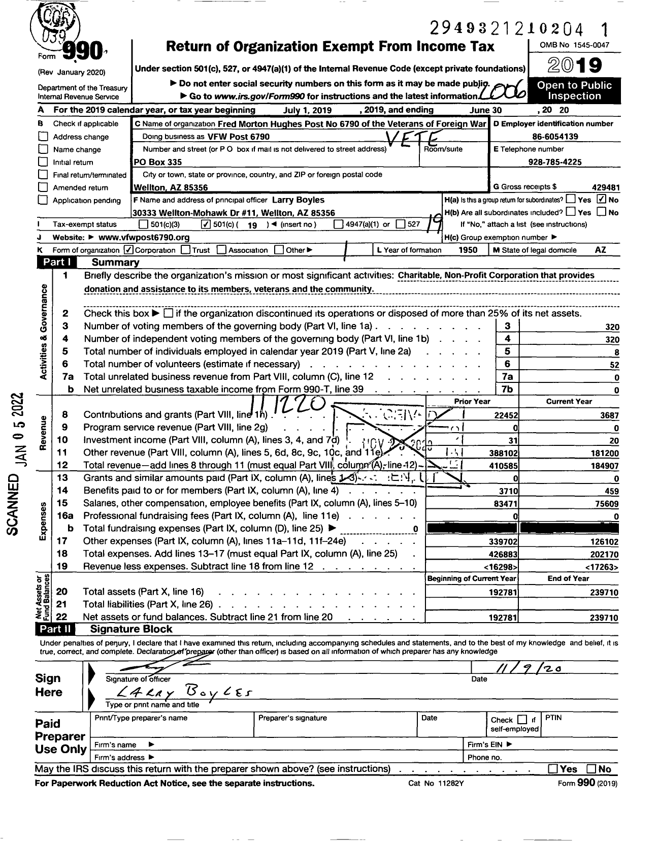 Image of first page of 2019 Form 990O for Veterans of Foreign Wars of Arizona - VFW Post 6790