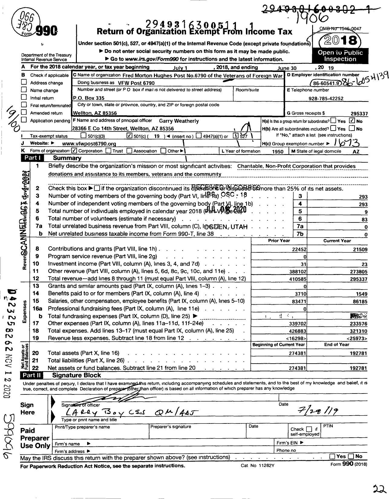 Image of first page of 2018 Form 990O for Veterans of Foreign Wars of Arizona - VFW Post 6790