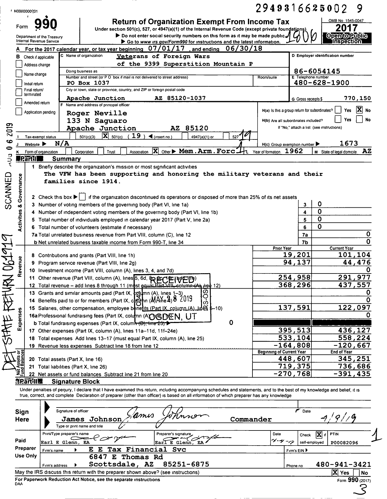 Image of first page of 2017 Form 990O for Veterans of Foreign Wars of the United States Dept of Arizona - District 10