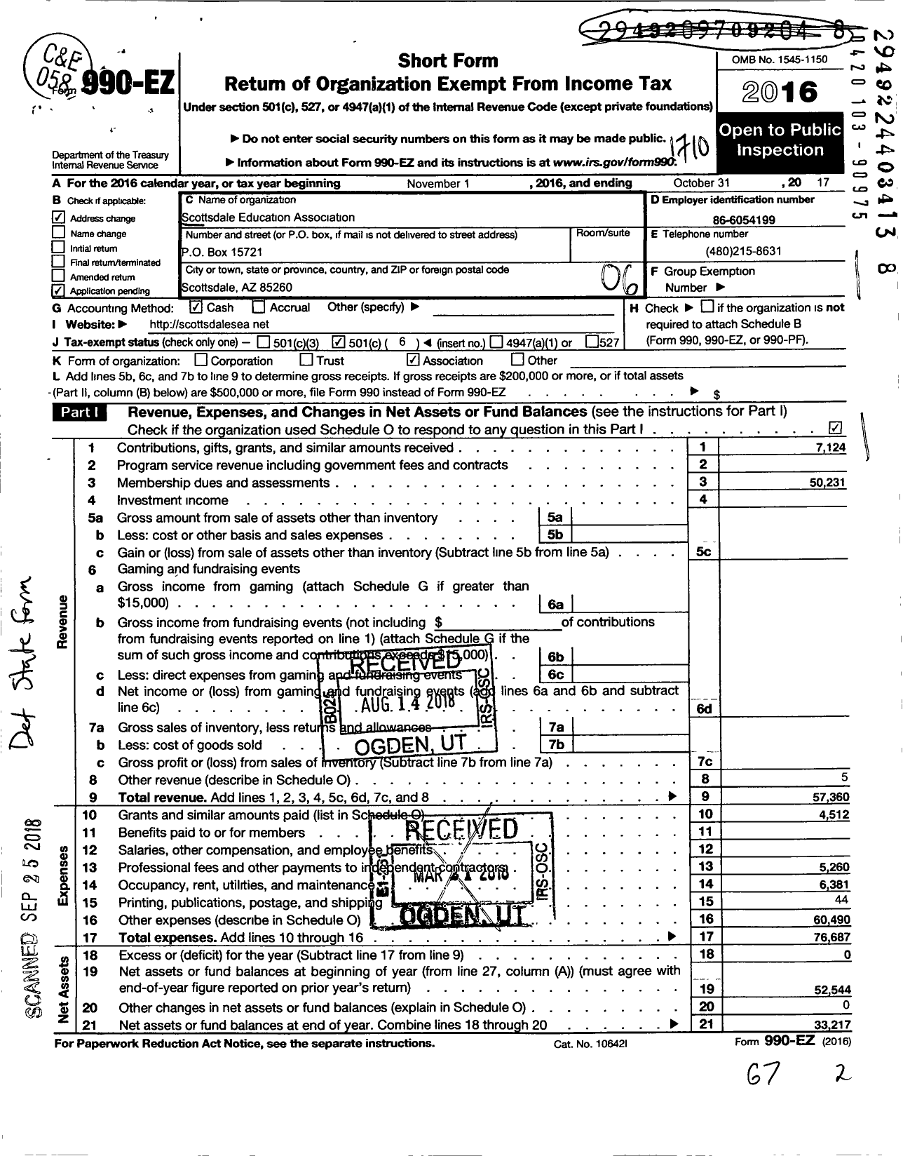 Image of first page of 2016 Form 990EO for Scottsdale Education Association