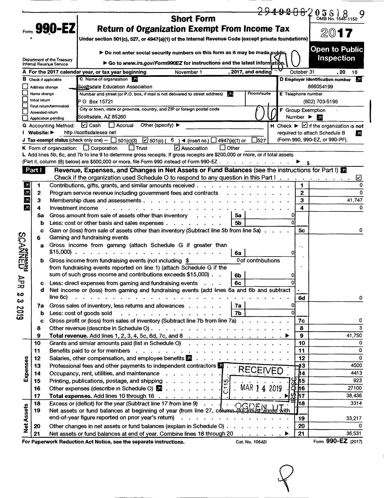 Image of first page of 2017 Form 990EO for Scottsdale Education Association