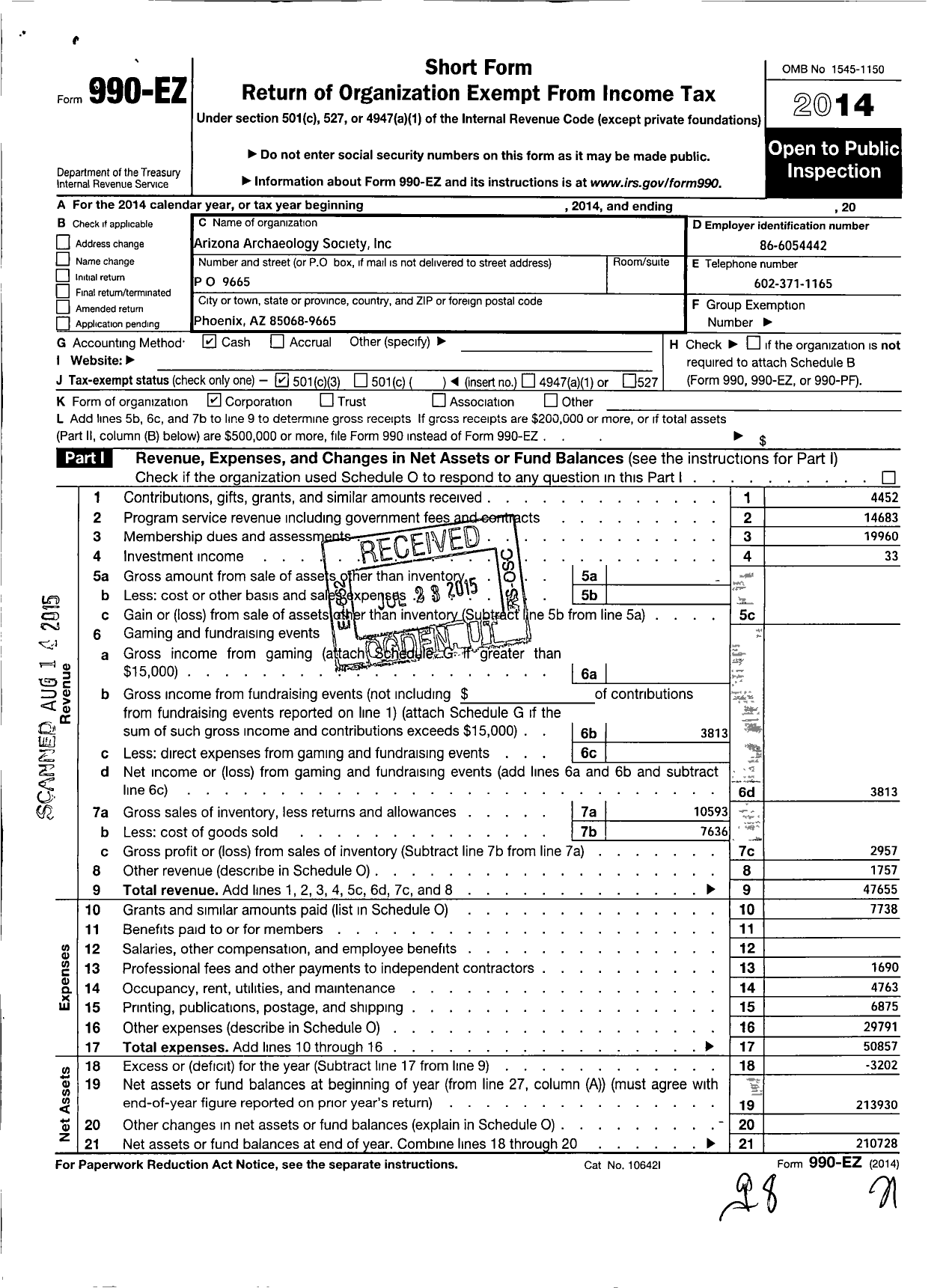 Image of first page of 2014 Form 990EZ for Arizona Archaeological Society