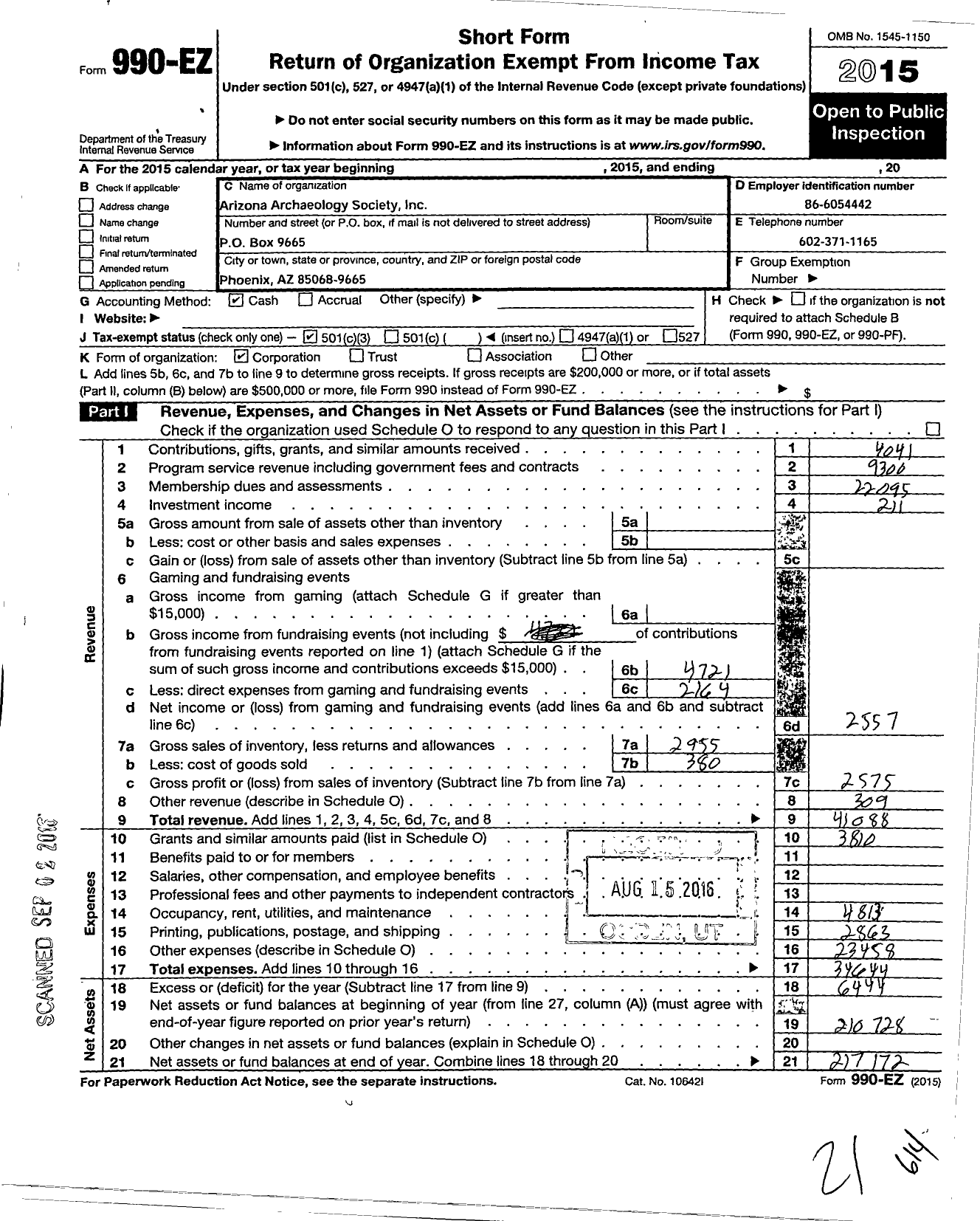 Image of first page of 2015 Form 990EZ for Arizona Archaeological Society