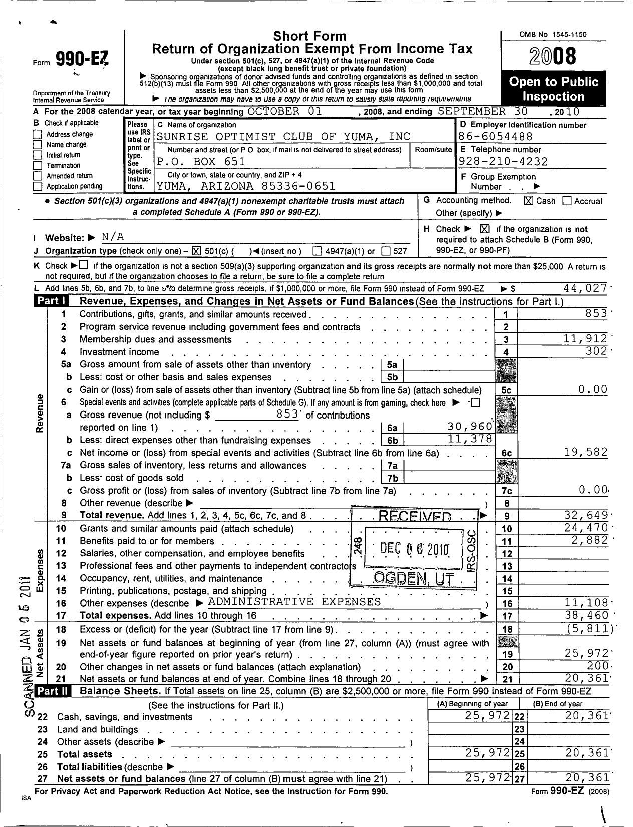 Image of first page of 2009 Form 990EO for Optimist International - 31135 Opti Club of Yuma-Sunrise Az