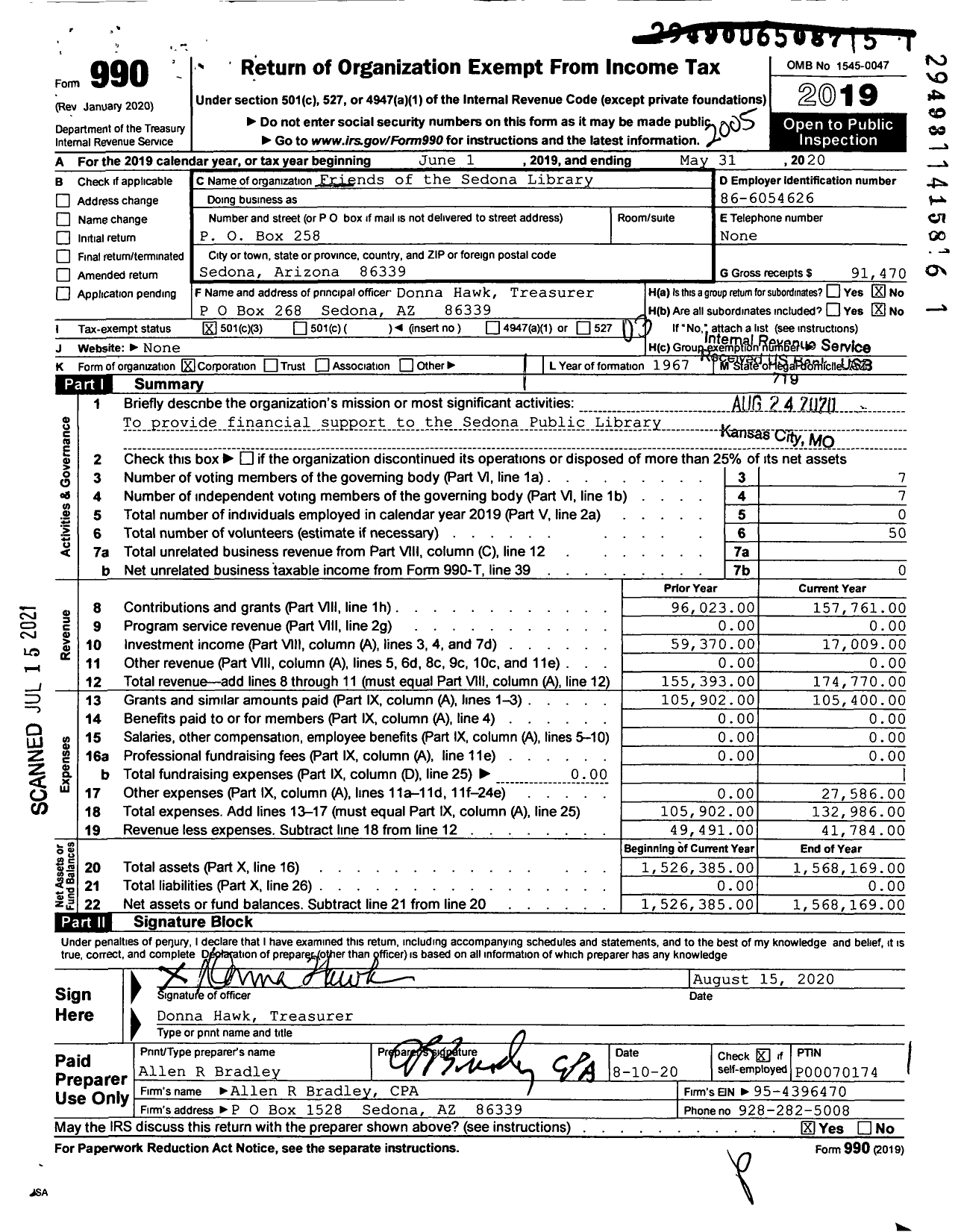 Image of first page of 2019 Form 990 for Friends of the Sedona Library