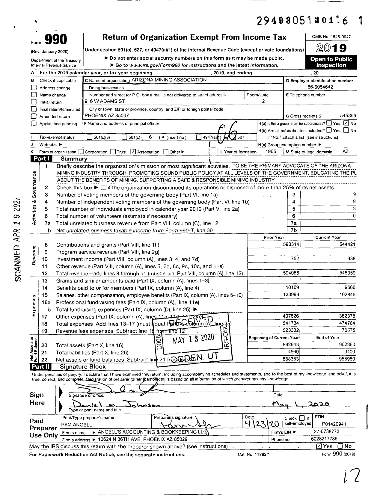 Image of first page of 2019 Form 990O for Arizona Mining Association