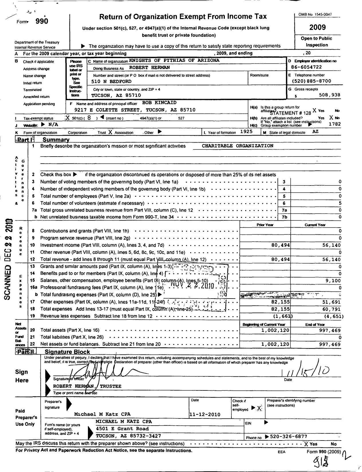 Image of first page of 2009 Form 990O for Knights of Pythias of Arizonia