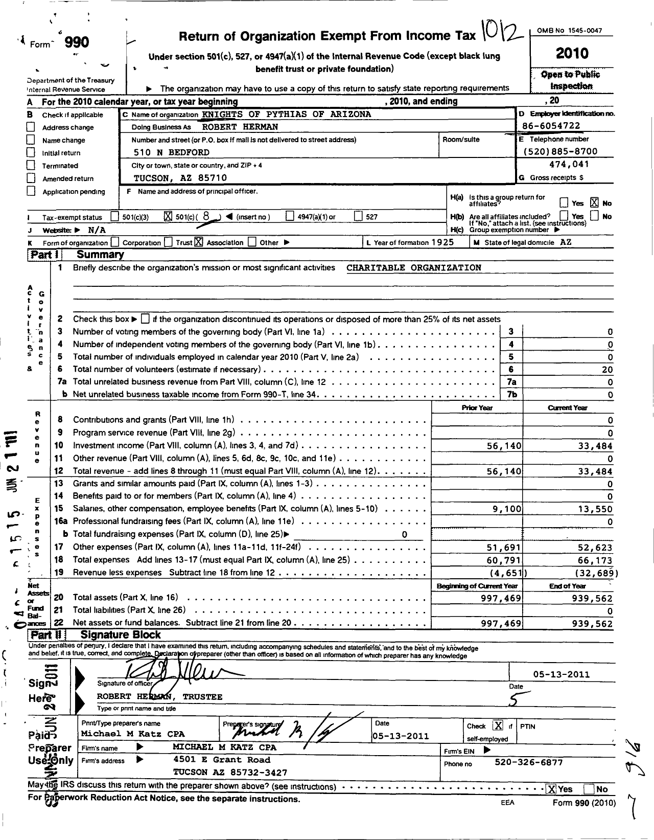 Image of first page of 2010 Form 990O for Knights of Pythias of Arizonia