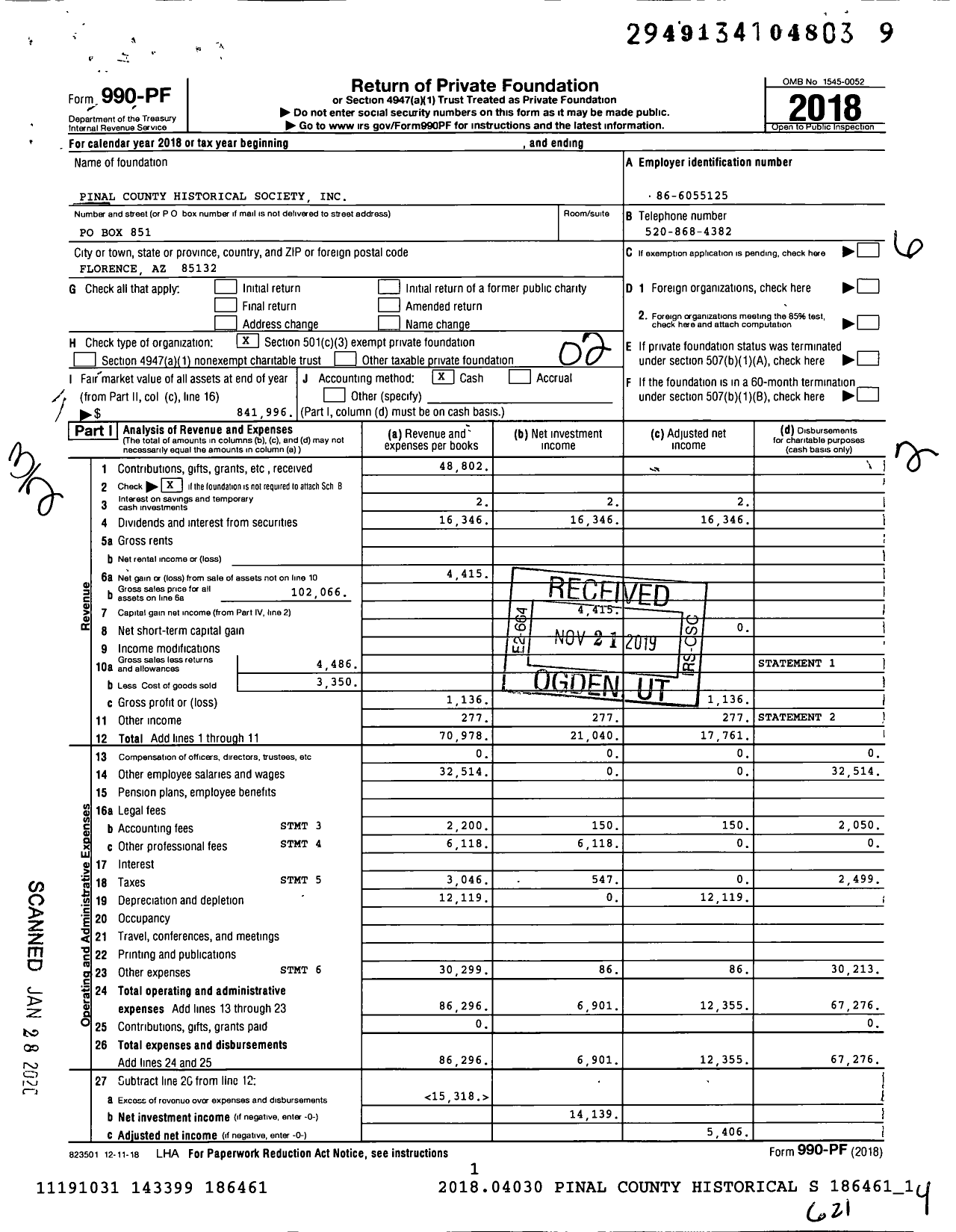 Image of first page of 2018 Form 990PF for Pinal County Historical Society