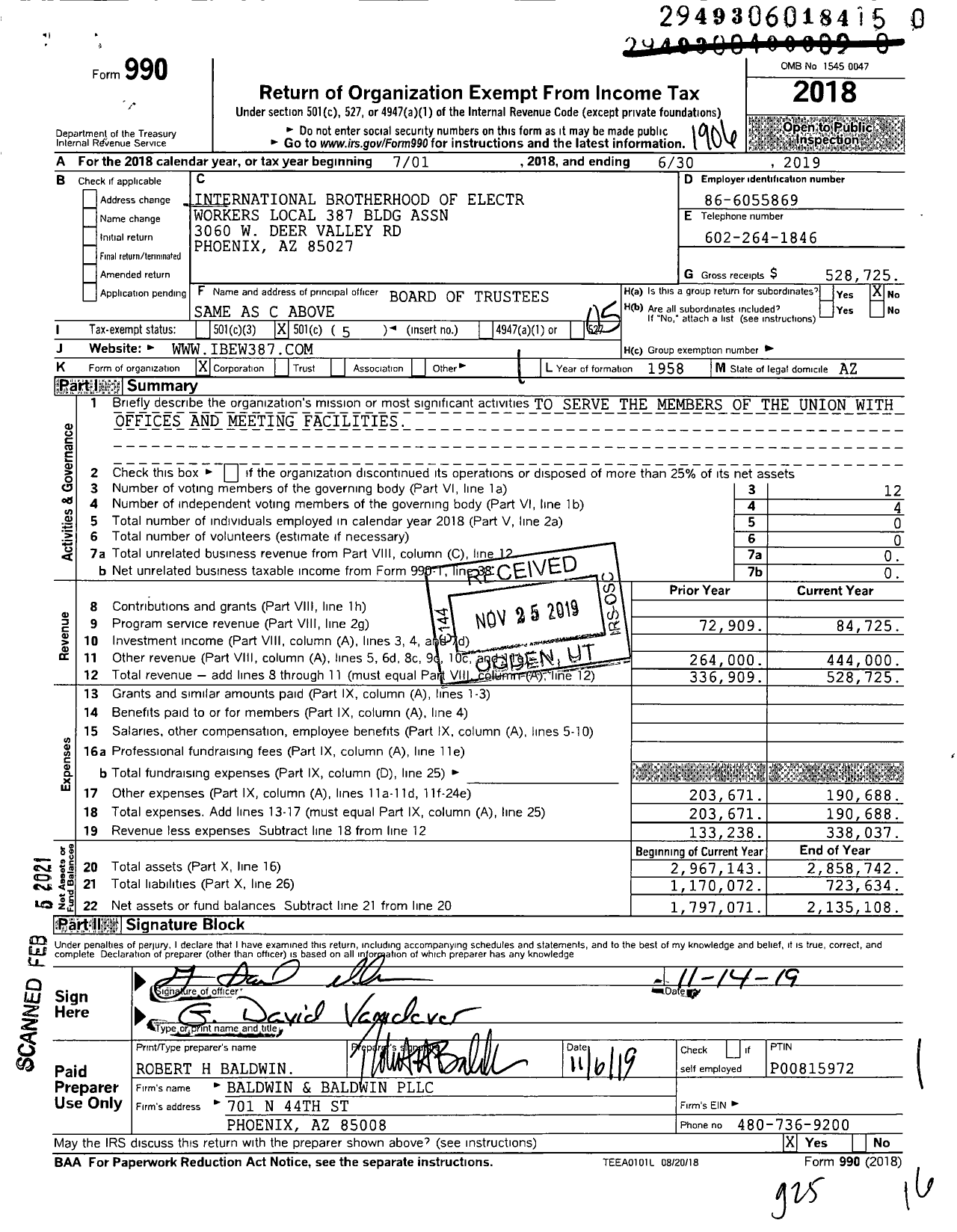 Image of first page of 2018 Form 990O for International Brotherhood of Electral Workers Local 387 Bldg Assn