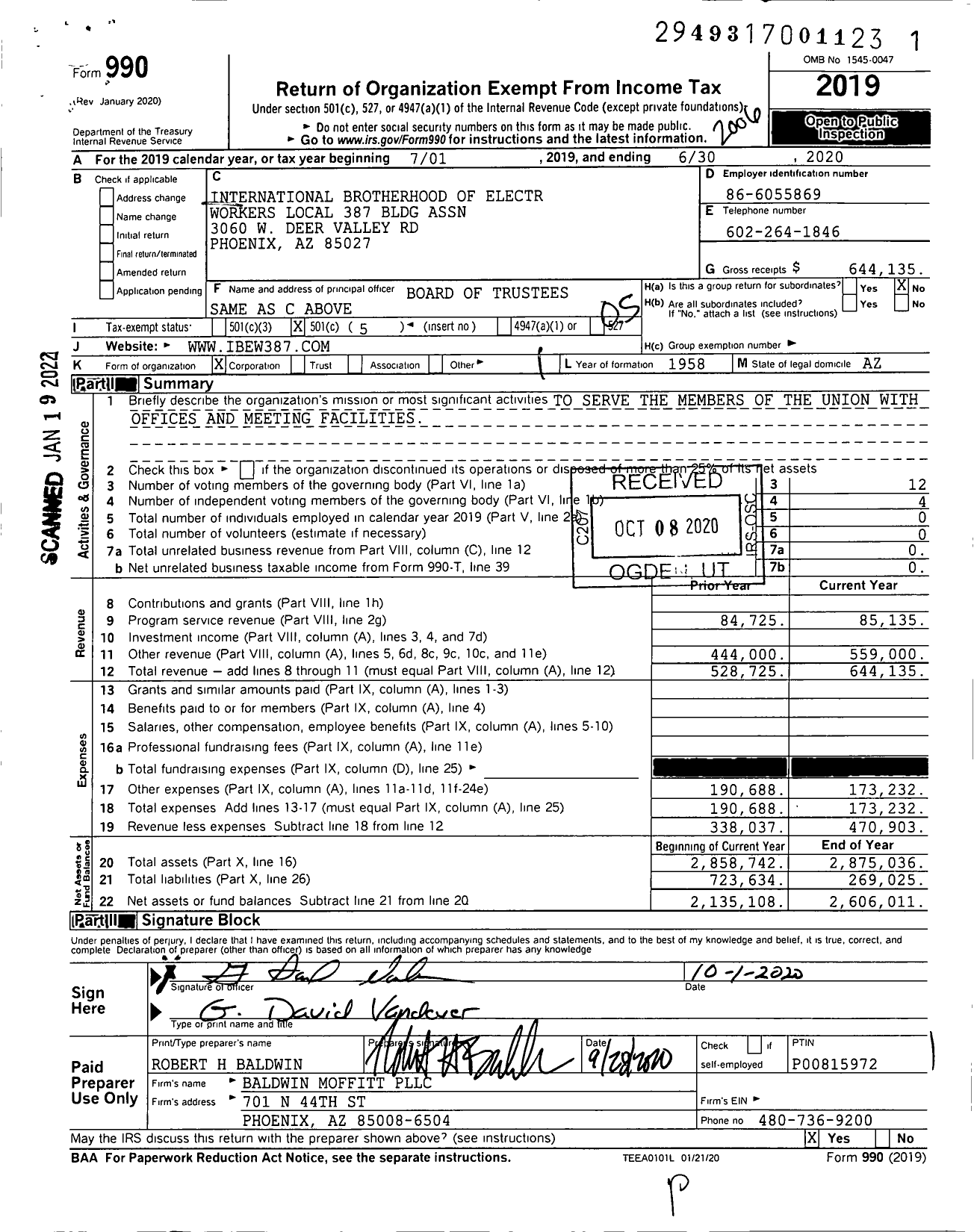 Image of first page of 2019 Form 990O for International Brotherhood of Electral Workers Local 387 Bldg Assn