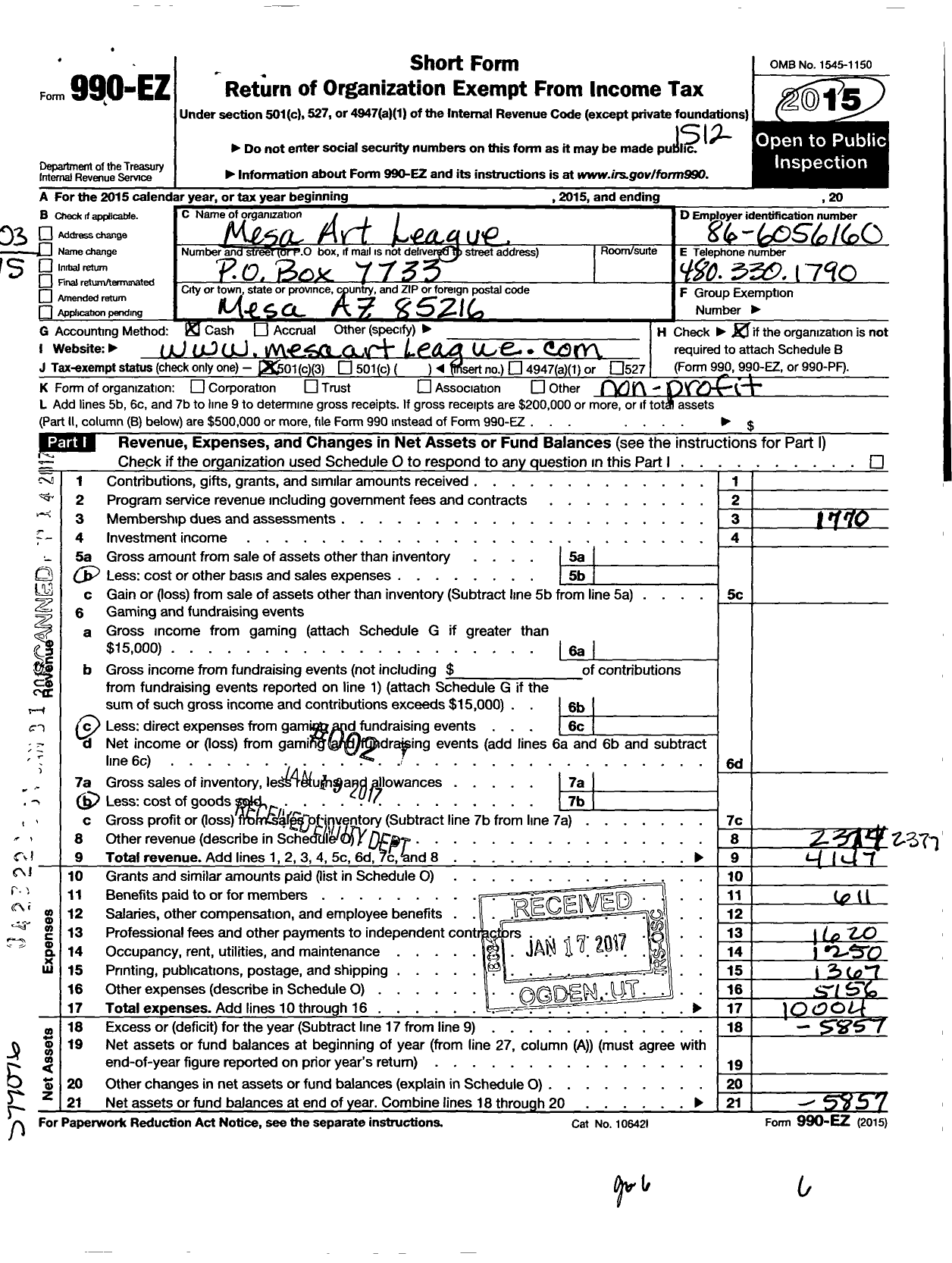 Image of first page of 2015 Form 990EZ for Mesa Art League