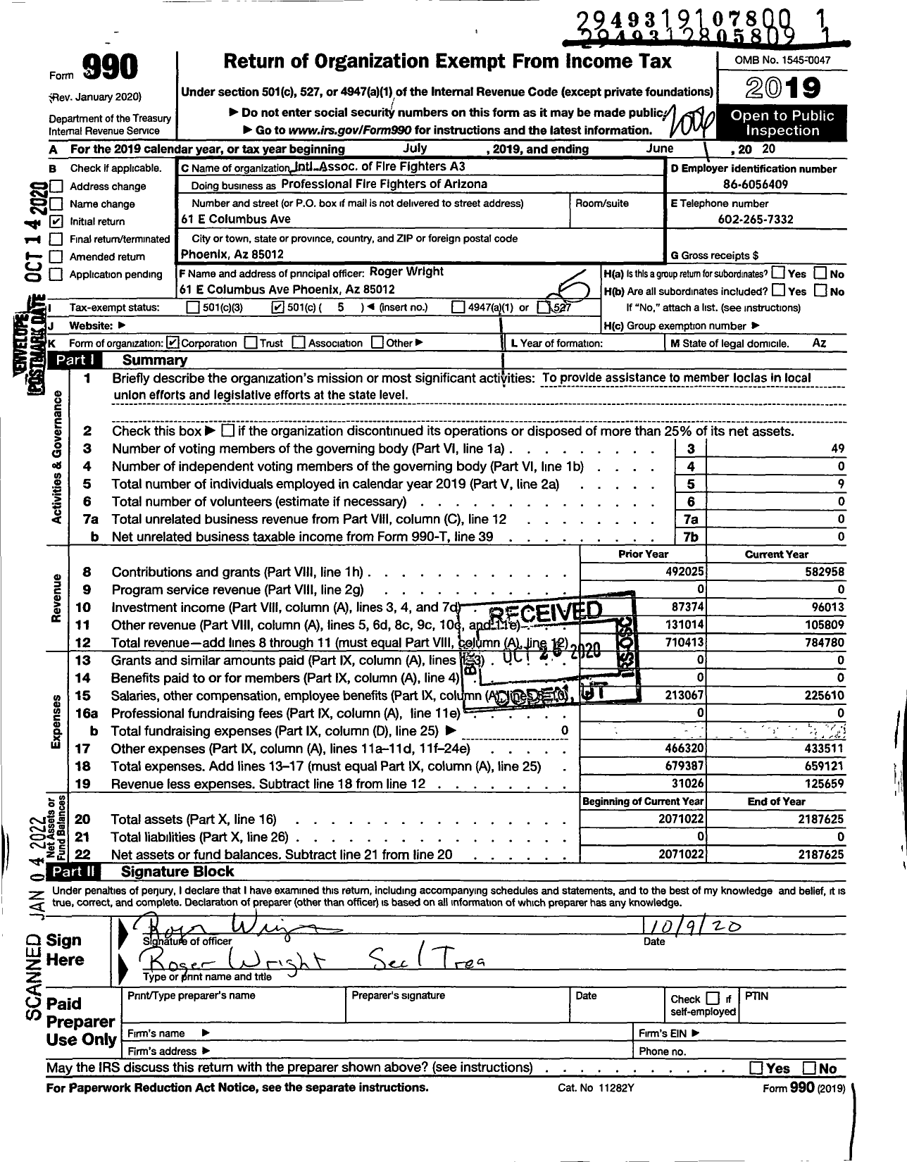 Image of first page of 2019 Form 990O for International Association of Fire Fighters - Professional Firefighters of A