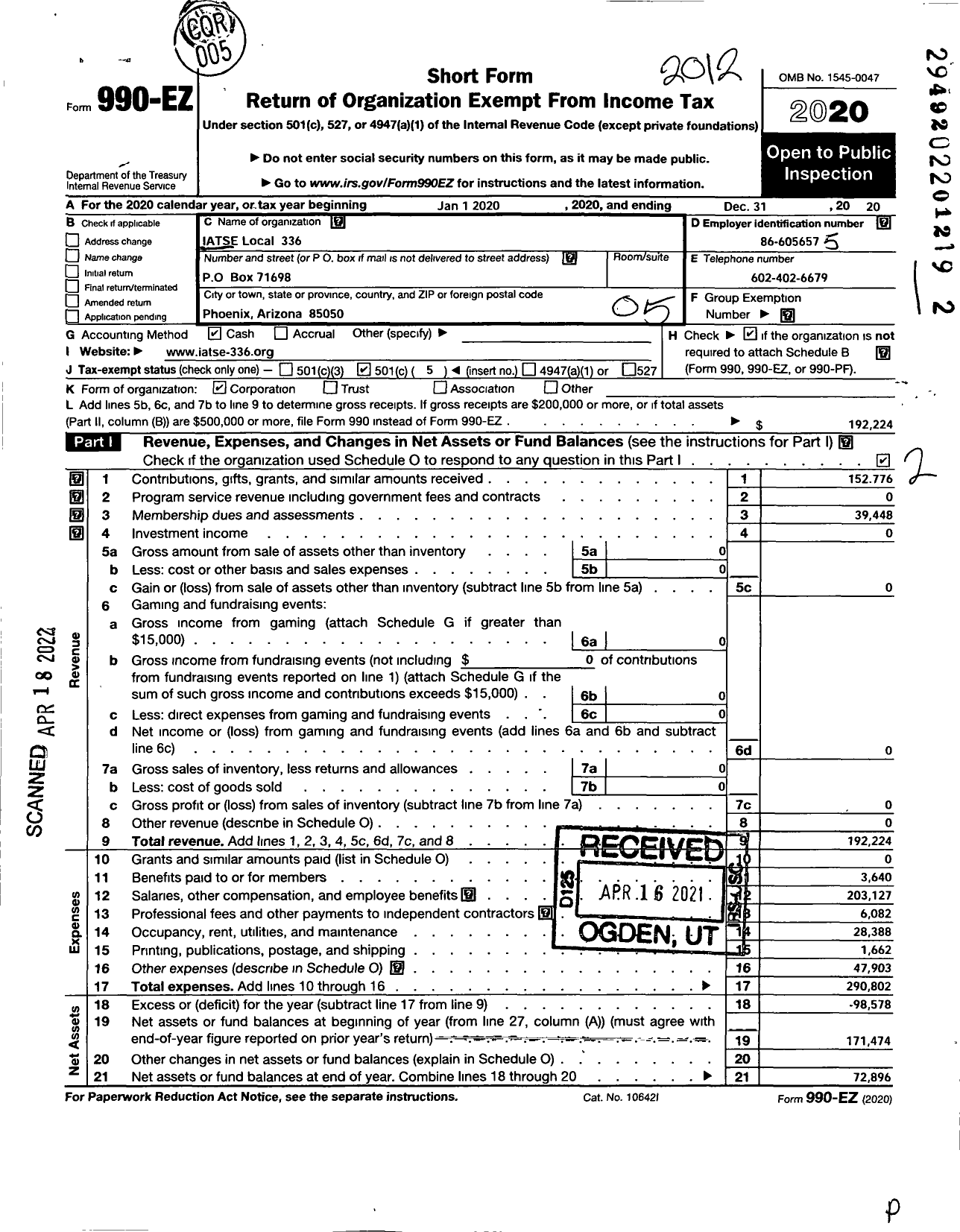 Image of first page of 2020 Form 990EO for International Alliance of Theatrical Stage Employees - 336 IATSE