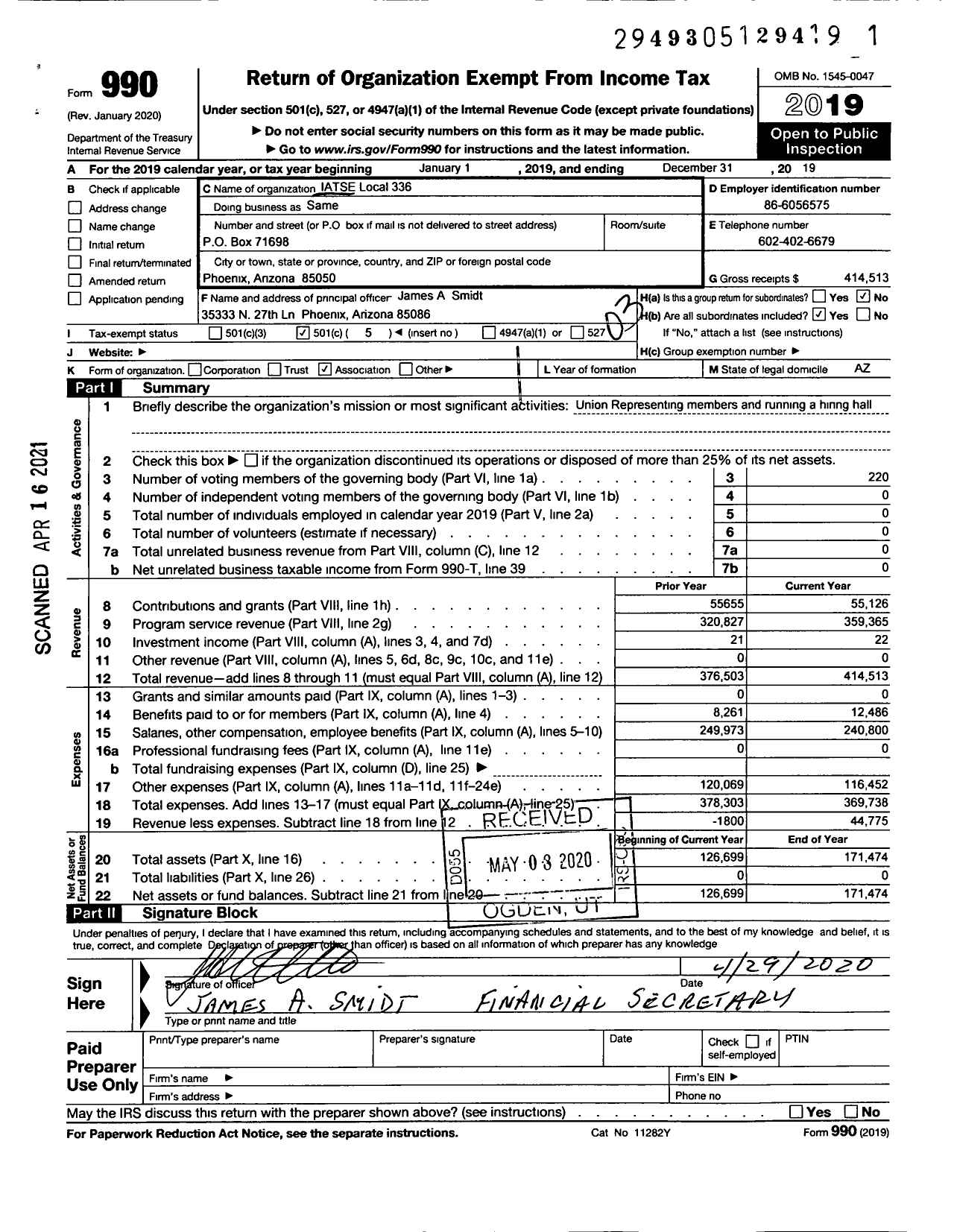 Image of first page of 2019 Form 990 for International Alliance of Theatrical Stage Employees - 336 IATSE