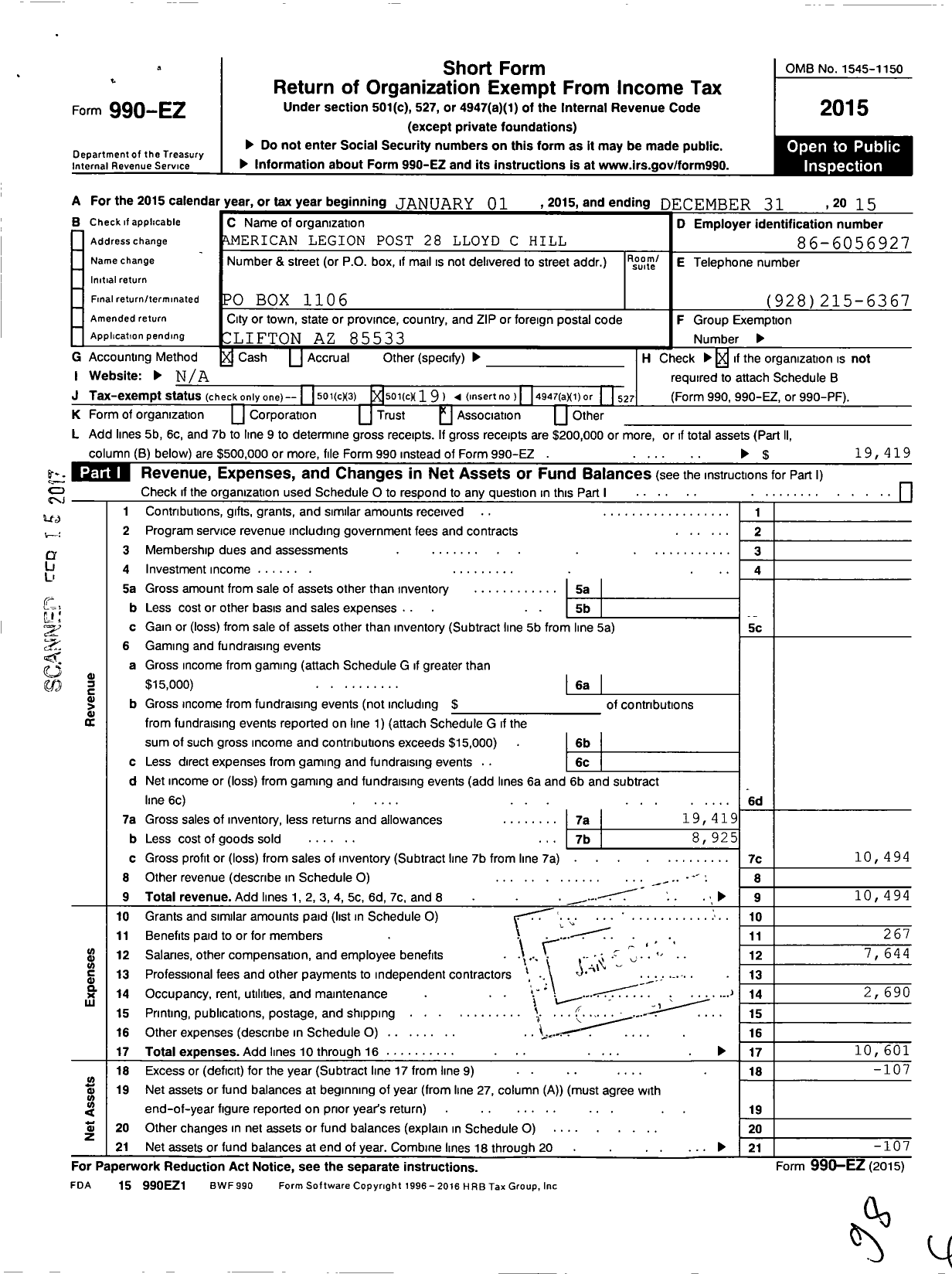 Image of first page of 2015 Form 990EO for American Legion - 28 Lloyd C Hill Az Post