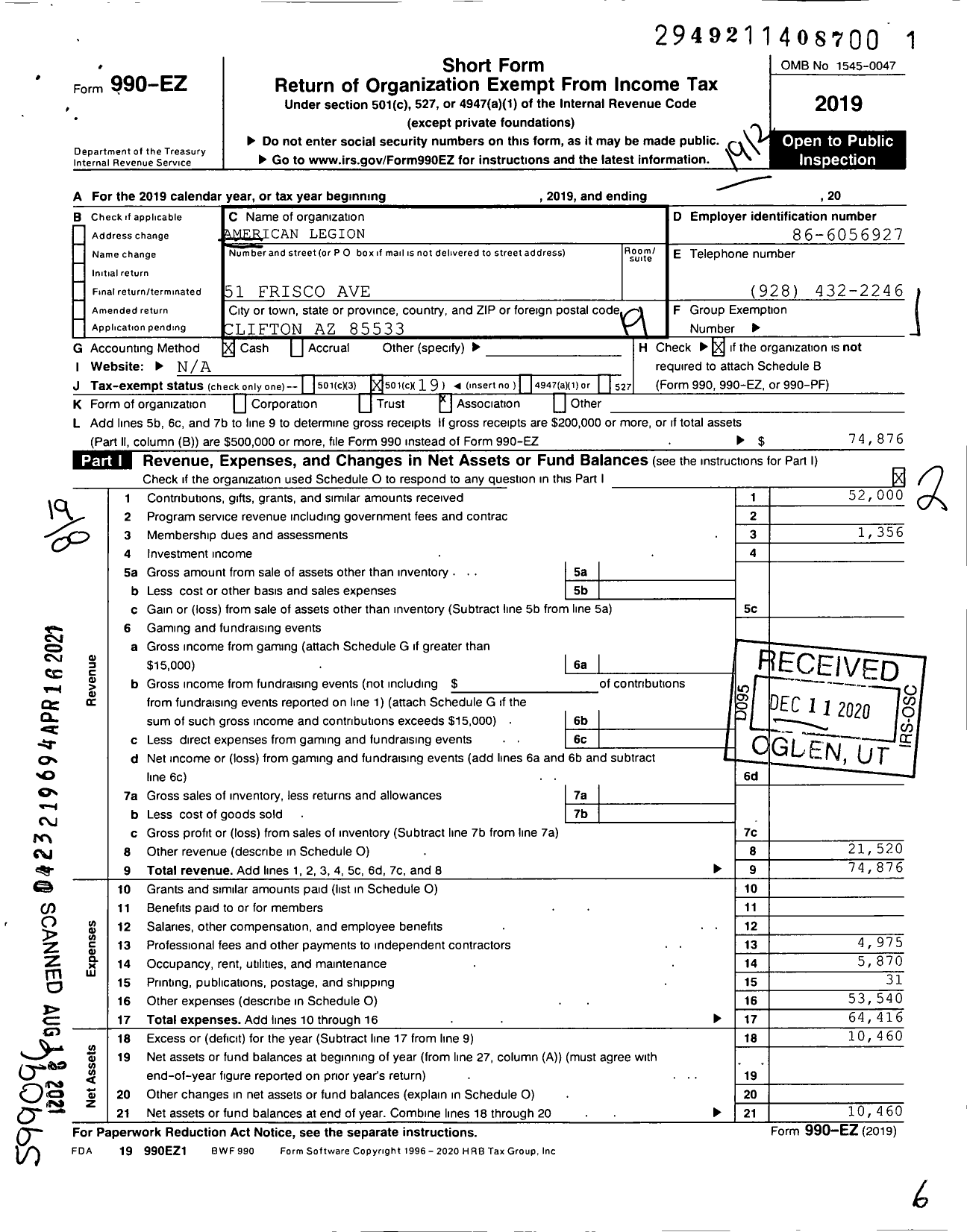 Image of first page of 2019 Form 990EO for American Legion - 28 Lloyd C Hill Az Post