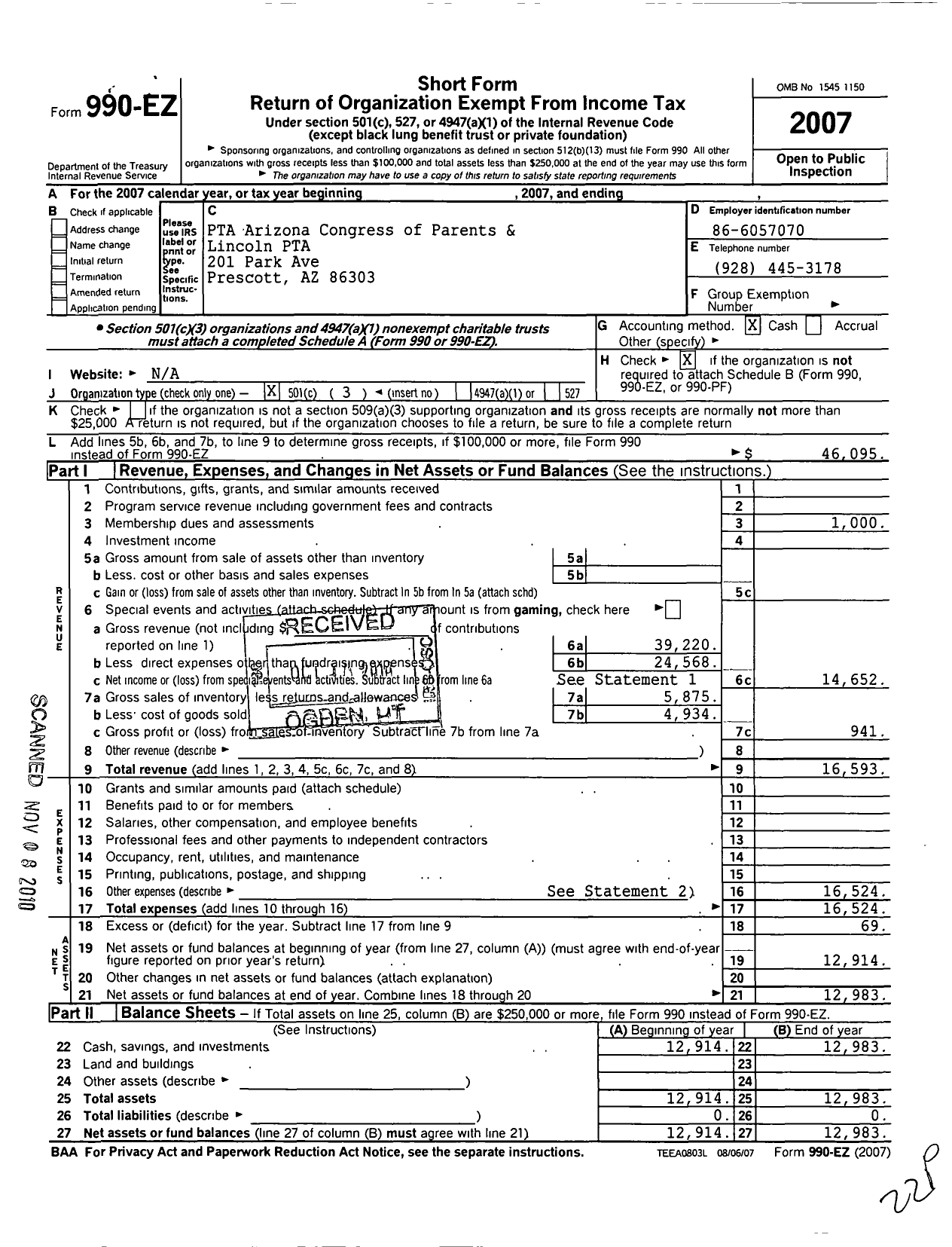 Image of first page of 2007 Form 990EZ for PTA Arizona Congress of Parents and Teachers / Lincoln PTA