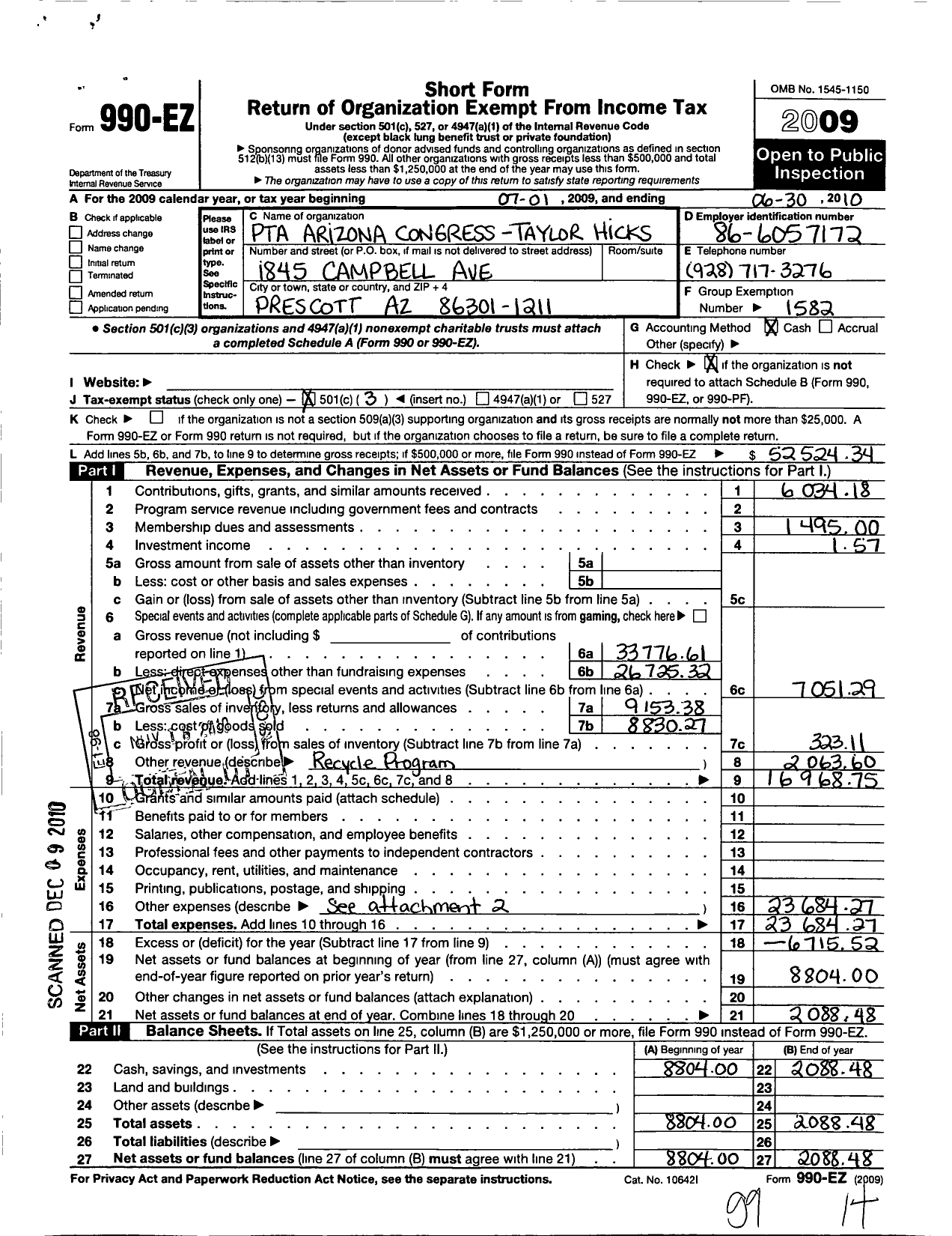 Image of first page of 2009 Form 990EZ for Taylor Hicks PTA