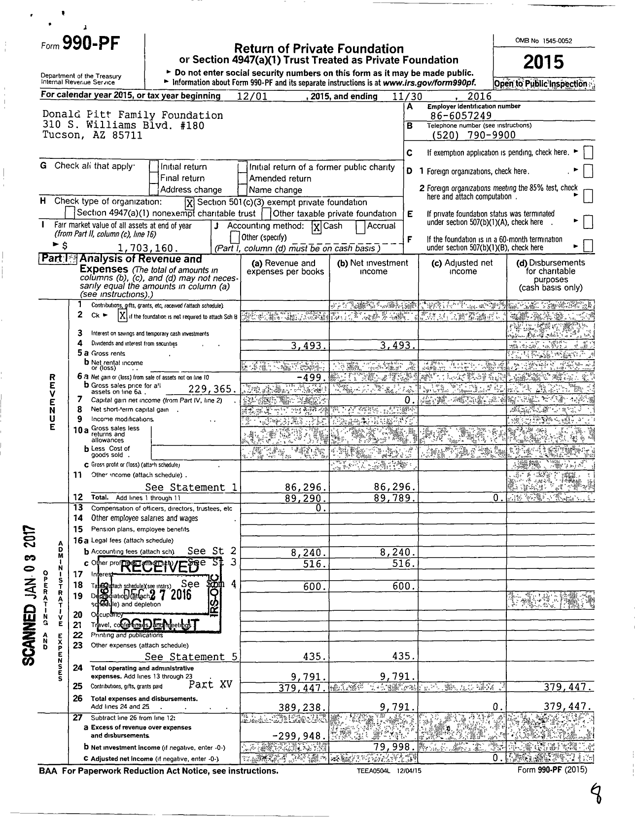 Image of first page of 2015 Form 990PF for Donald Pitt Family Foundation