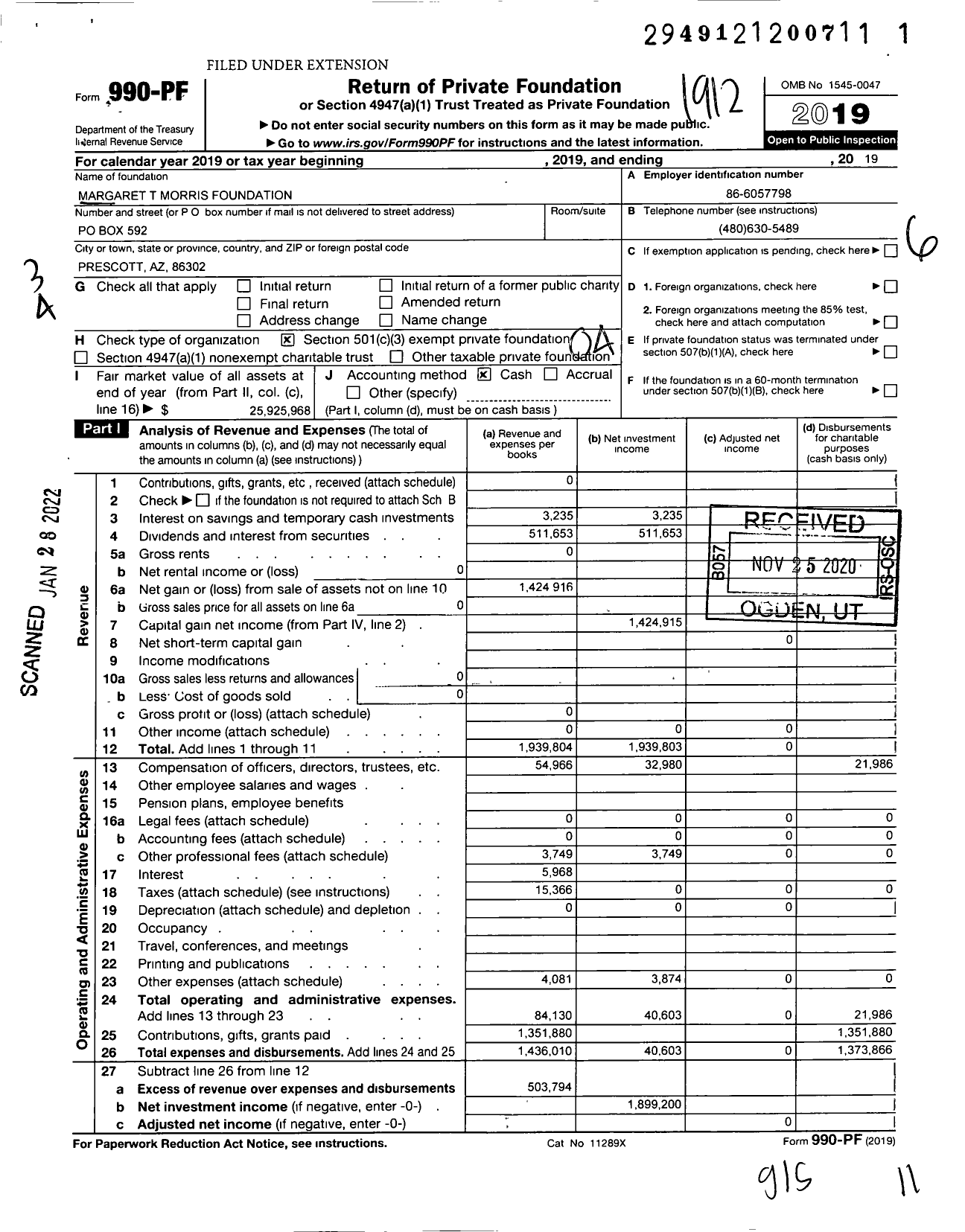 Image of first page of 2019 Form 990PF for Margaret T Morris Foundation