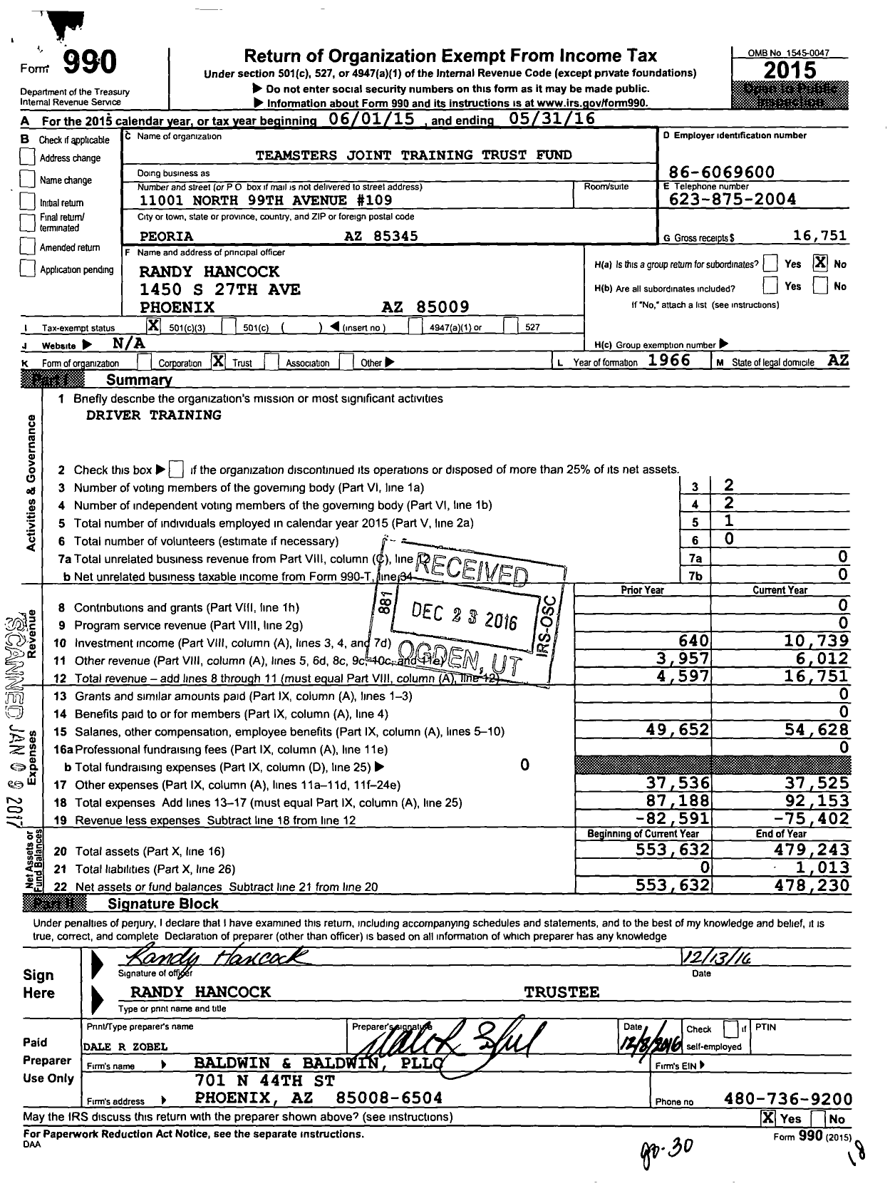 Image of first page of 2015 Form 990 for Teamsters Joint Training Trust Fund