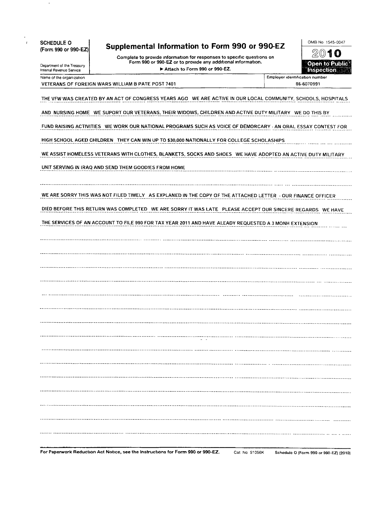 Image of first page of 2009 Form 990OR for Veterans of Foreign Wars / 7401 William B Pate Post