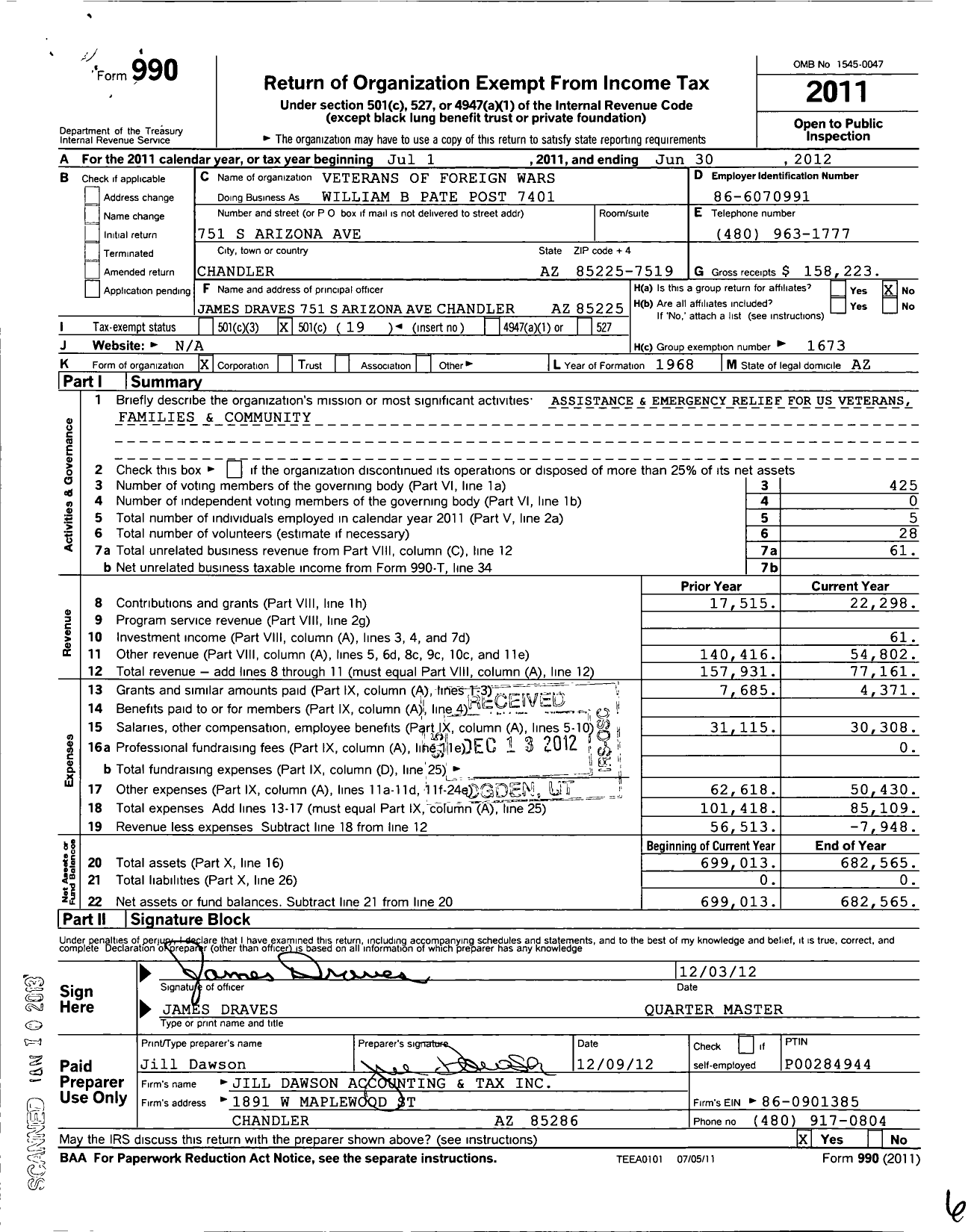 Image of first page of 2011 Form 990O for Veterans of Foreign Wars / 7401 William B Pate Post