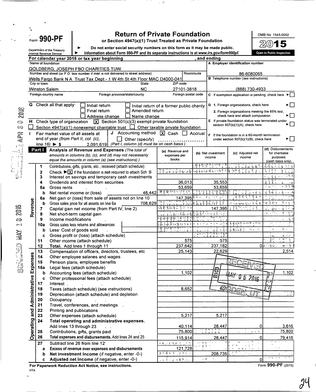 Image of first page of 2015 Form 990PF for Goldberg Joseph Fbo Charities Tuw