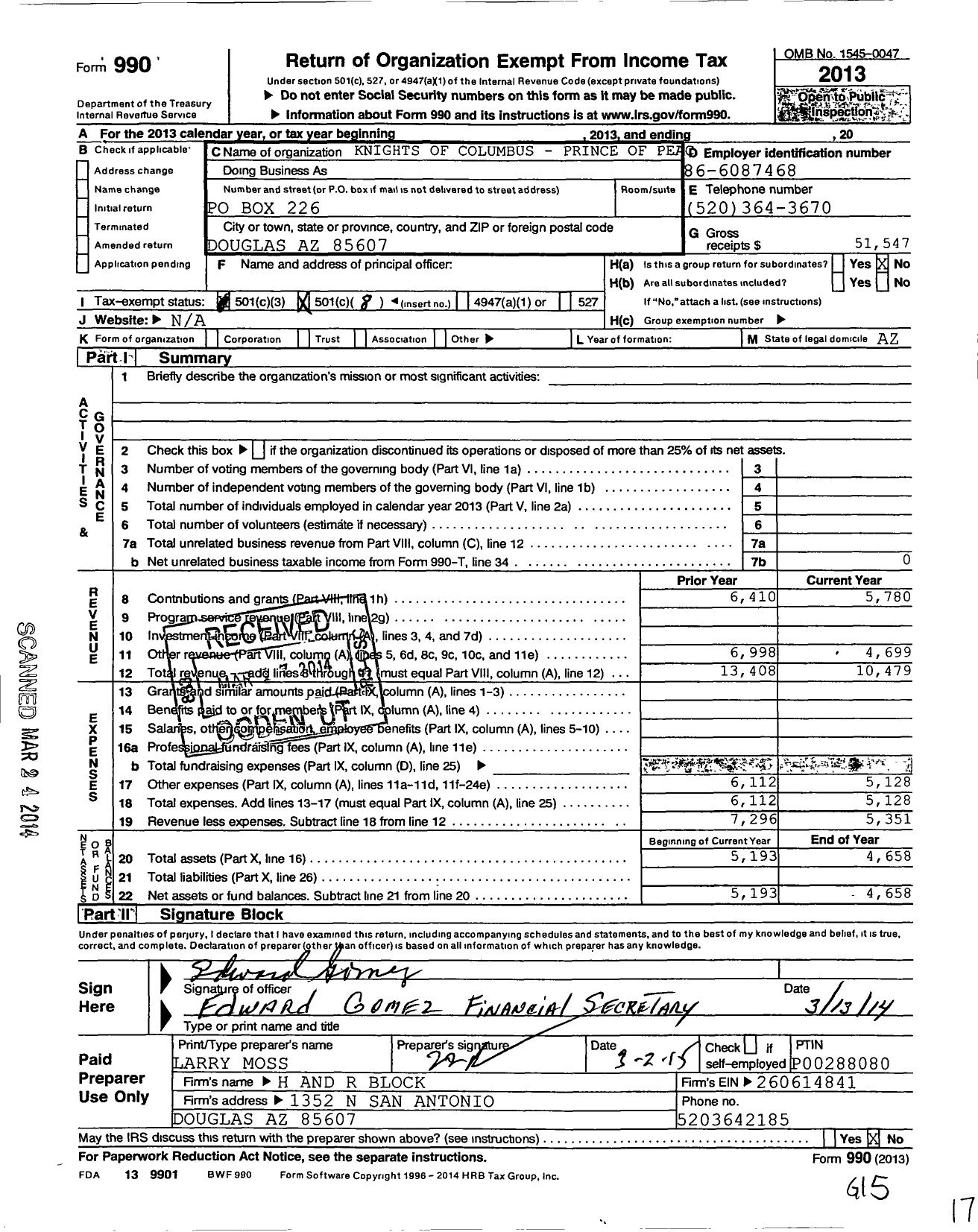 Image of first page of 2013 Form 990O for Knights of Columbus - 1858 Prince of Peace Council