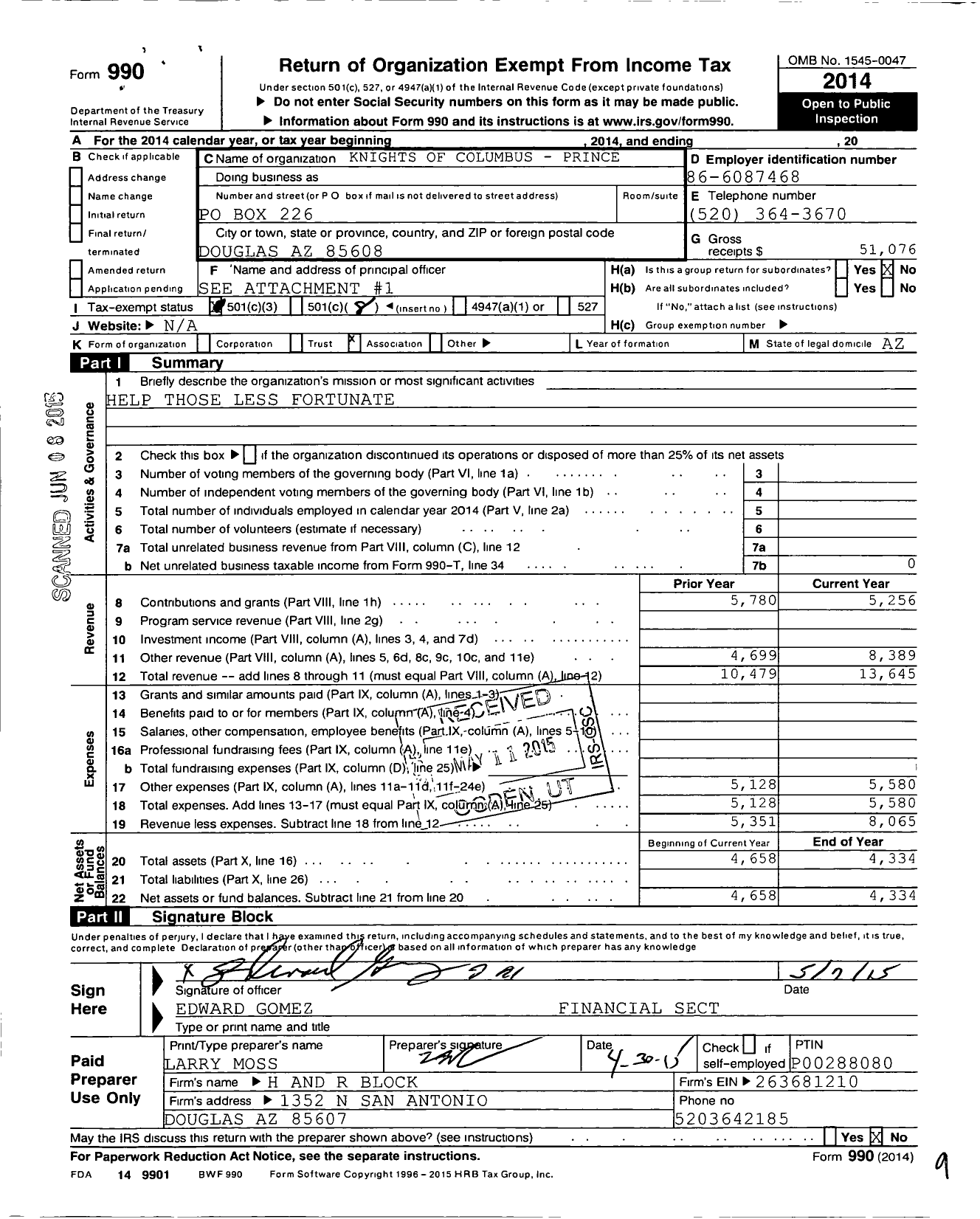 Image of first page of 2014 Form 990O for Knights of Columbus - 1858 Prince of Peace Council