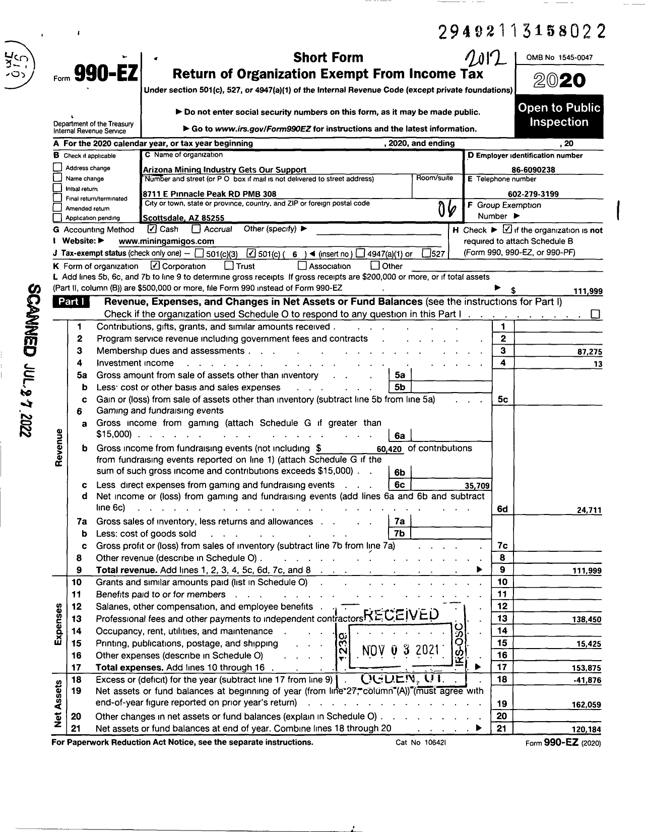 Image of first page of 2020 Form 990EO for Arizona Mining and Industry Get Our Support (AMIGOS)