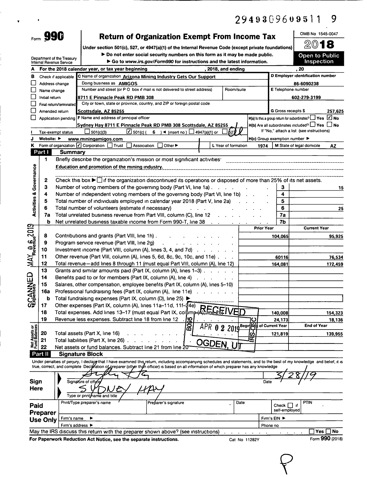 Image of first page of 2018 Form 990O for Arizona Mining and Industry Get Our Support (AMIGOS)