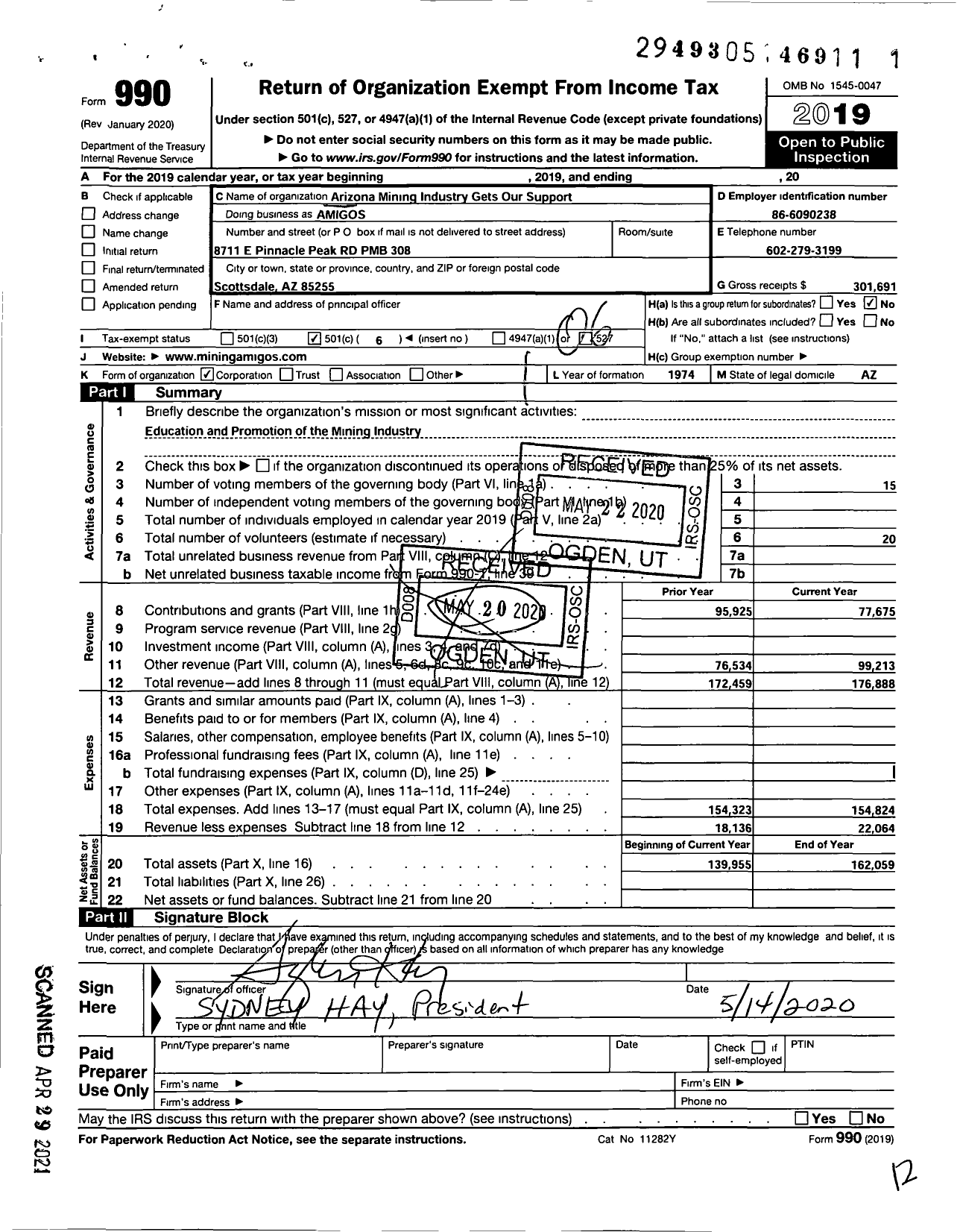 Image of first page of 2019 Form 990O for Arizona Mining and Industry Get Our Support (AMIGOS)